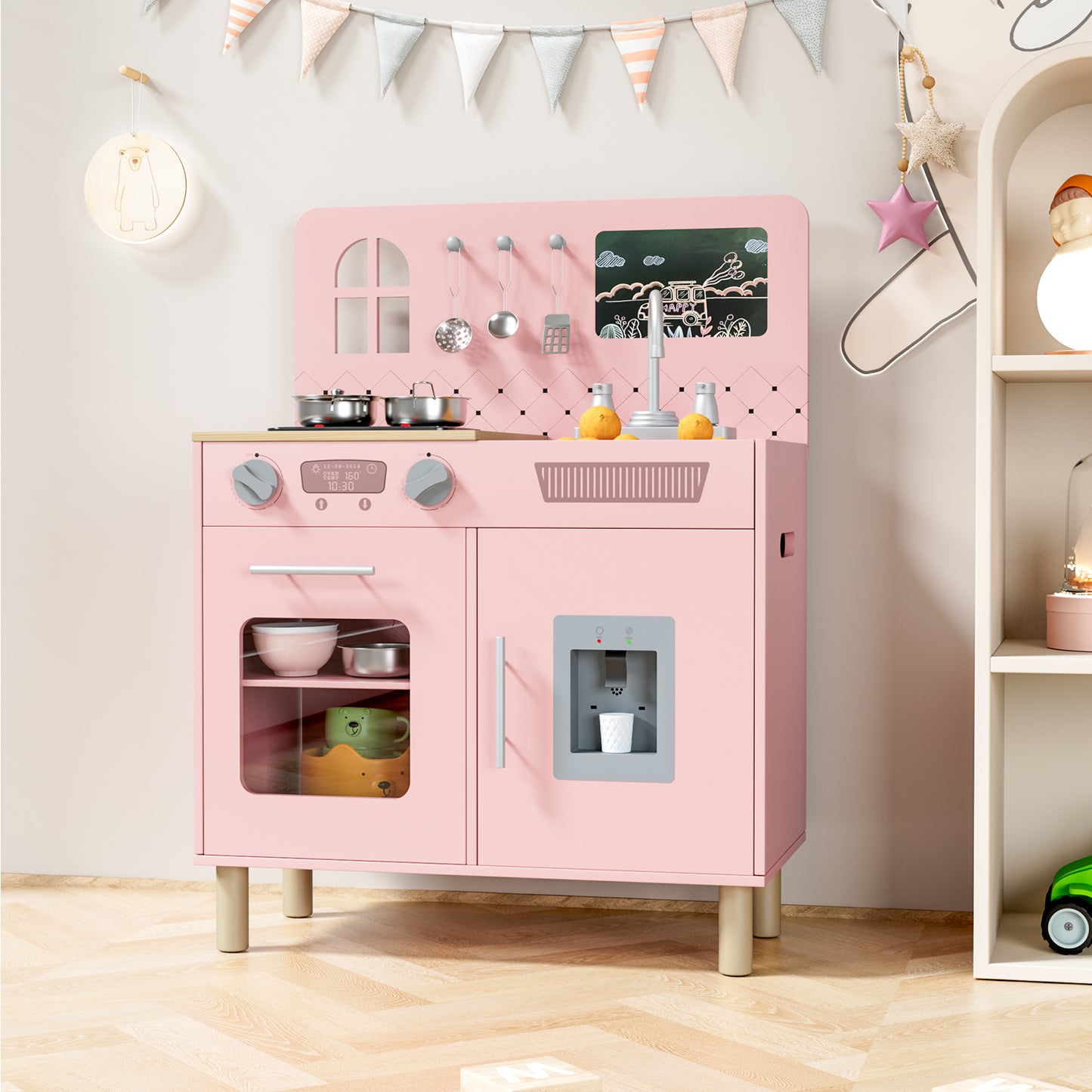 LAZY BUDDY Pretend Play Wooden Kids Kitchen Set, Toddler Toy Kitchen Playset with Graffiti Blackboard, Oven, Sink & Clicking Knobs