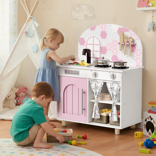 LAZY BUDDY Kids Kitchen Playset, Wooden Pretend Play Kitchen Toddler Interactive Toy with 5 Accessories