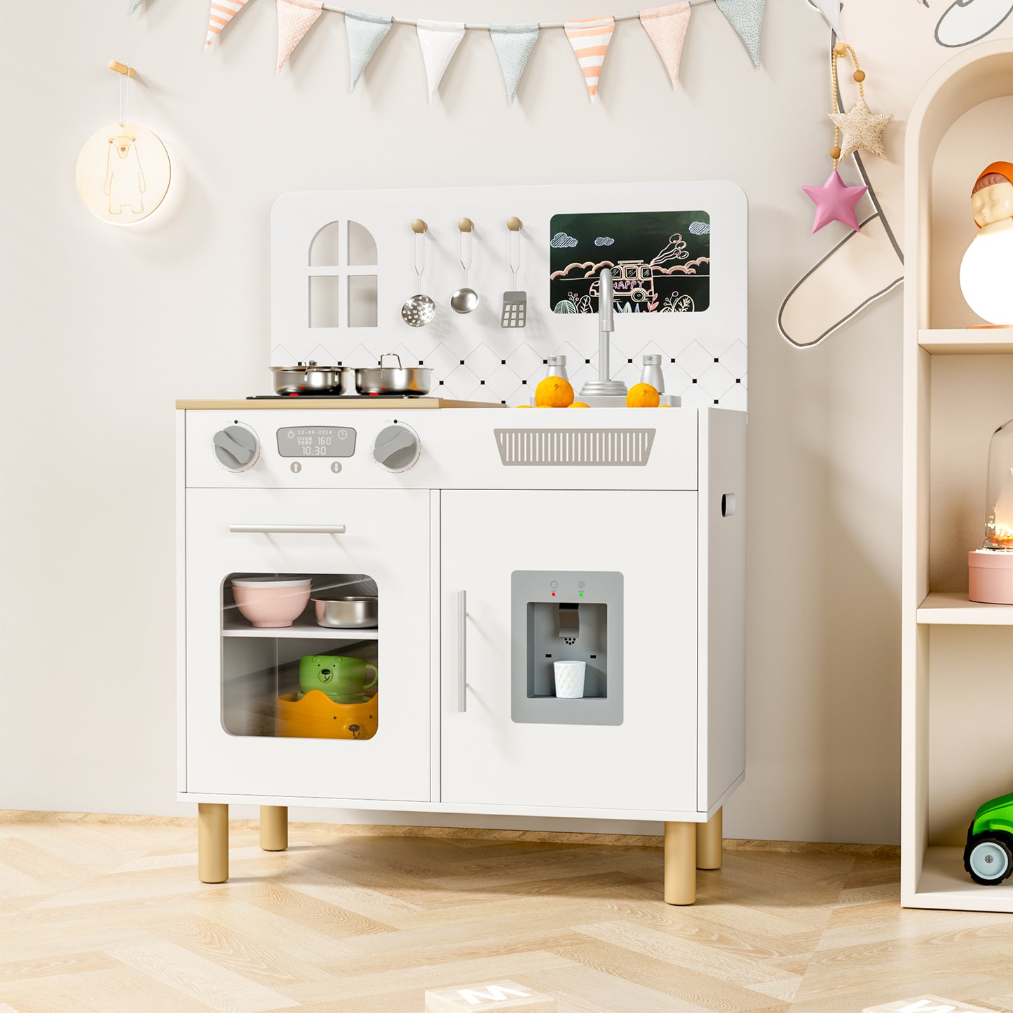 LAZY BUDDY Pretend Play Wooden Kids Kitchen Set, Toddler Toy Kitchen Playset with Graffiti Blackboard, Oven, Sink & Clicking Knobs