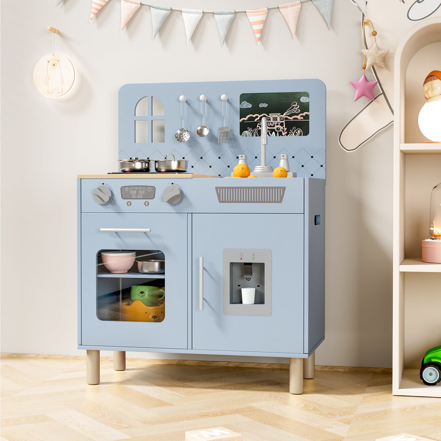 LAZY BUDDY Pretend Play Wooden Kids Kitchen Set, Toddler Toy Kitchen Playset with Graffiti Blackboard, Oven, Sink & Clicking Knobs