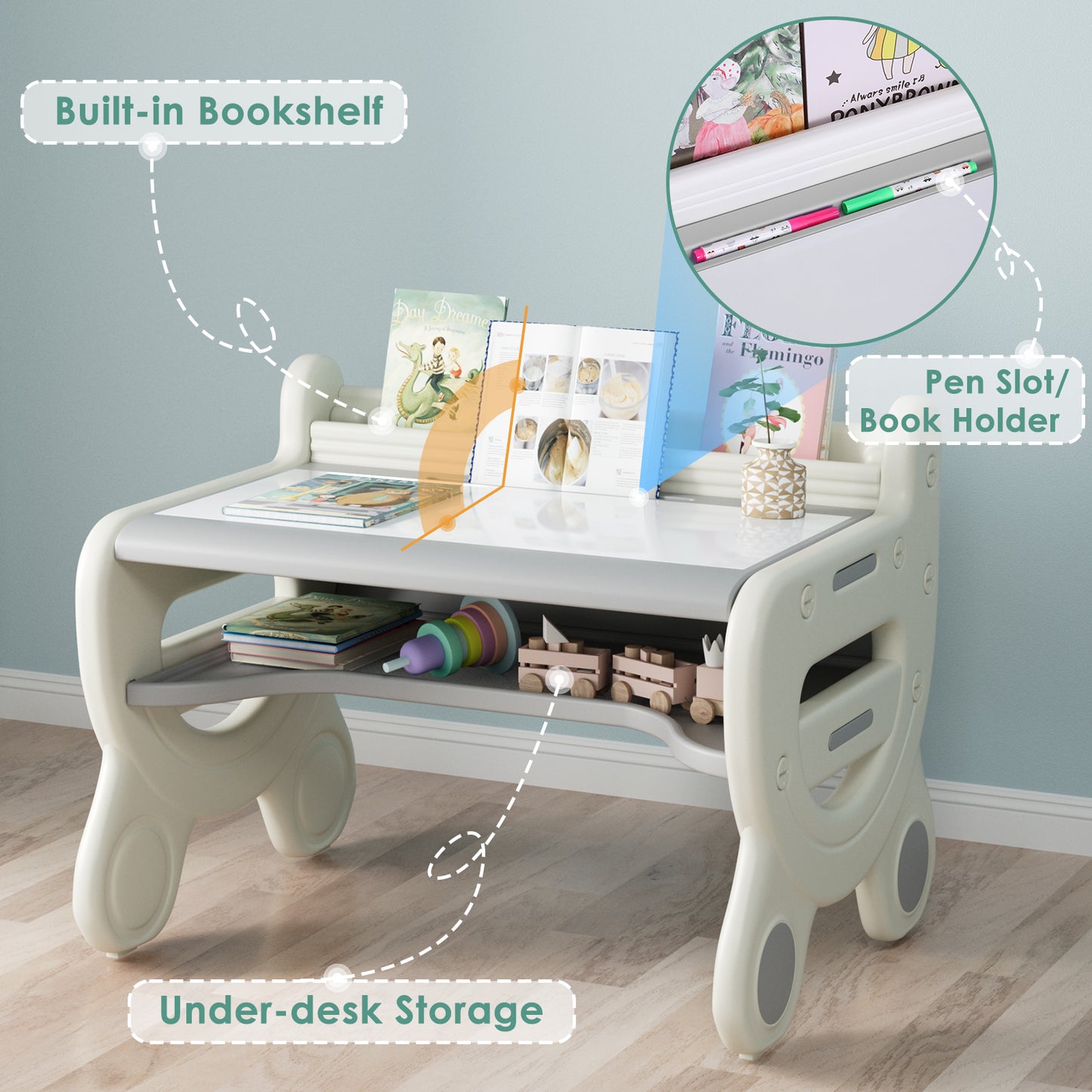 LAZY BUDDY Kids Table and Chair Set, Plastic Activity Table w/Erasable Tabletop, Toddler Draw & Play Desk with Watercolor Pens, Blackboard Eraser & Storage Shelf for Drawing, Reading, Playing, Eating