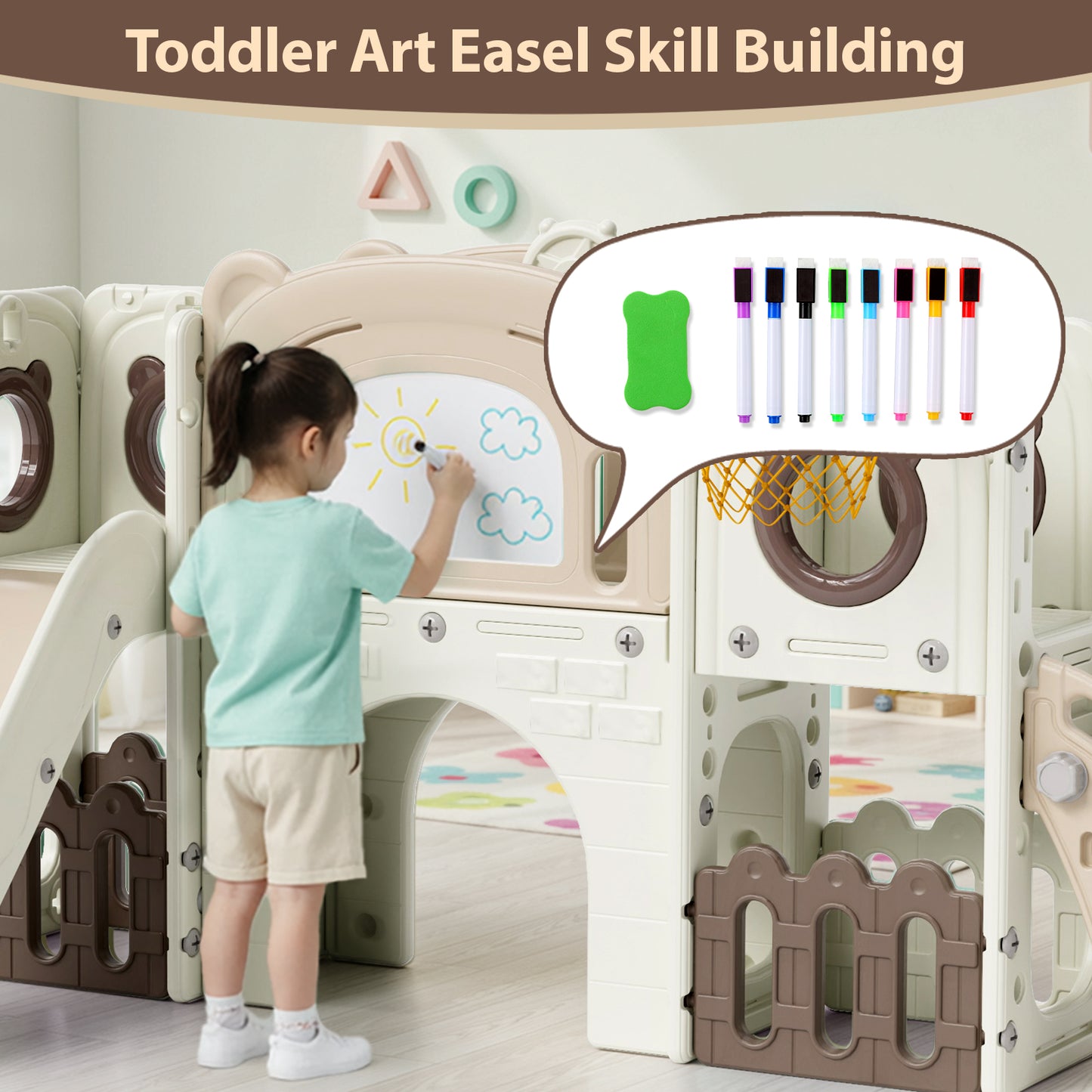 LAZY BUDDY 10 in 1 Toddler Slide, Freestanding Kids Slide and Climber Playset Indoor Outdoor Slide with Basketball Hoop, Telescope and Storage Space