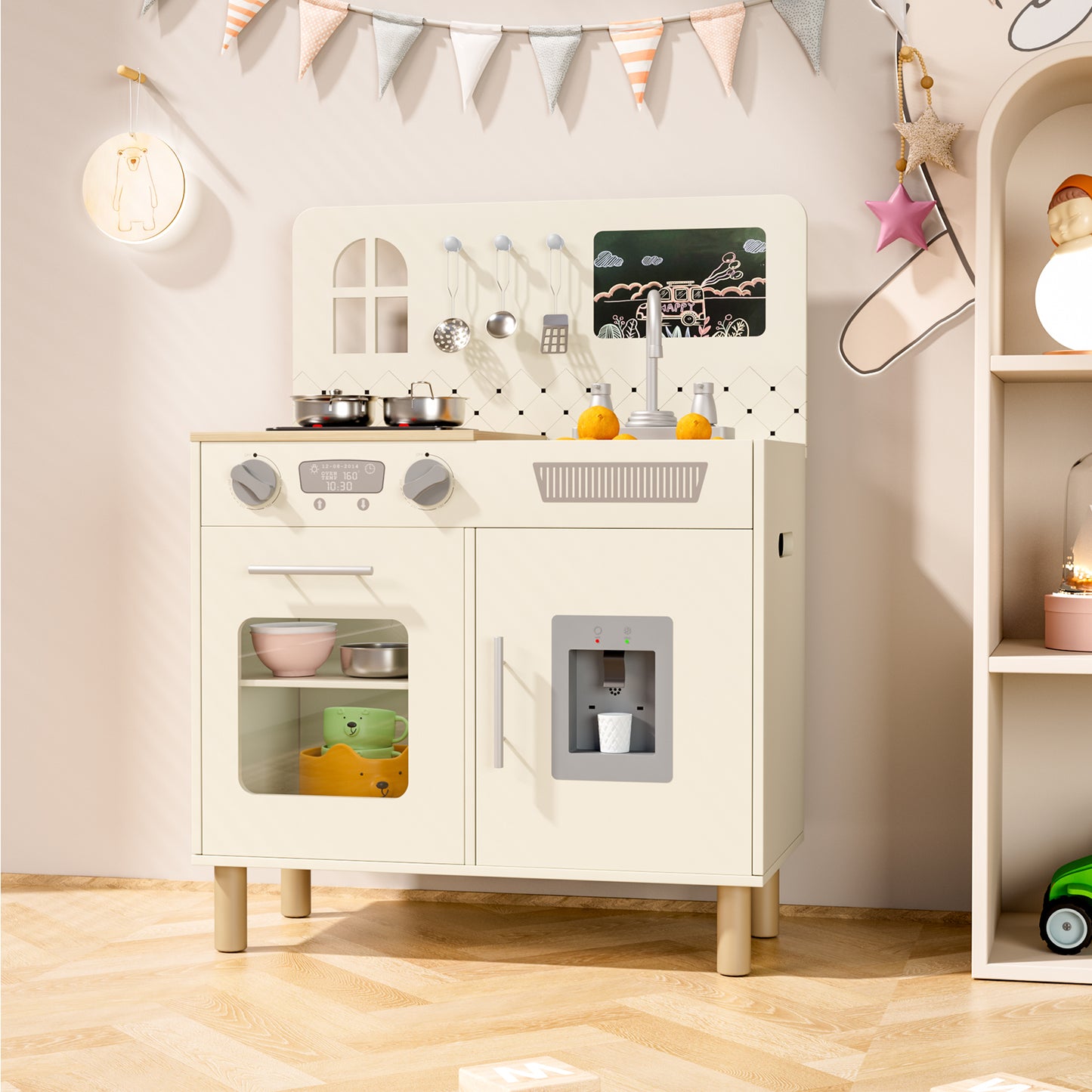LAZY BUDDY Pretend Play Wooden Kids Kitchen Set, Toddler Toy Kitchen Playset with Graffiti Blackboard, Oven, Sink & Clicking Knobs