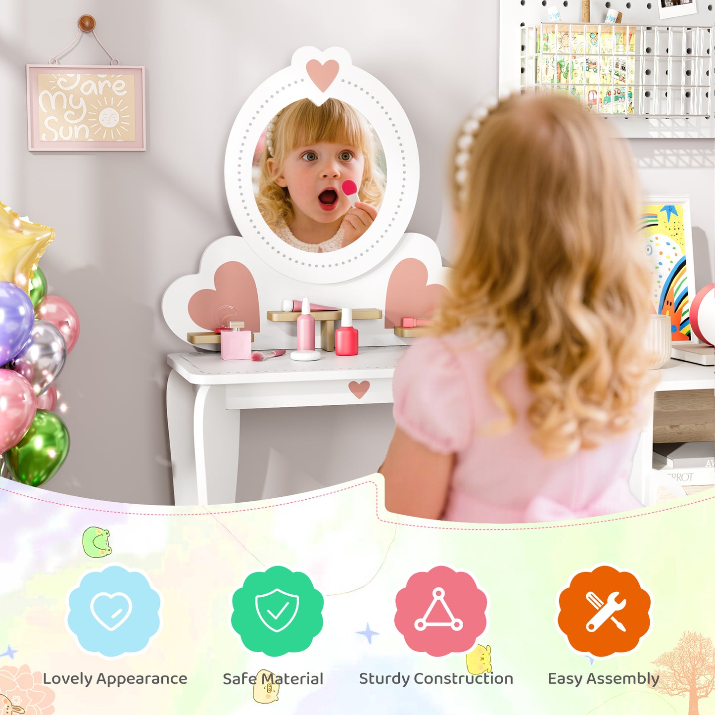 LAZY BUDDY Kids Vanity Set, Wooden Vanity Table and Chair with Mirror, Including 8pcs Pretend Play Makeup Accessories, Princess Dressing Makeup Table for Girls 3+