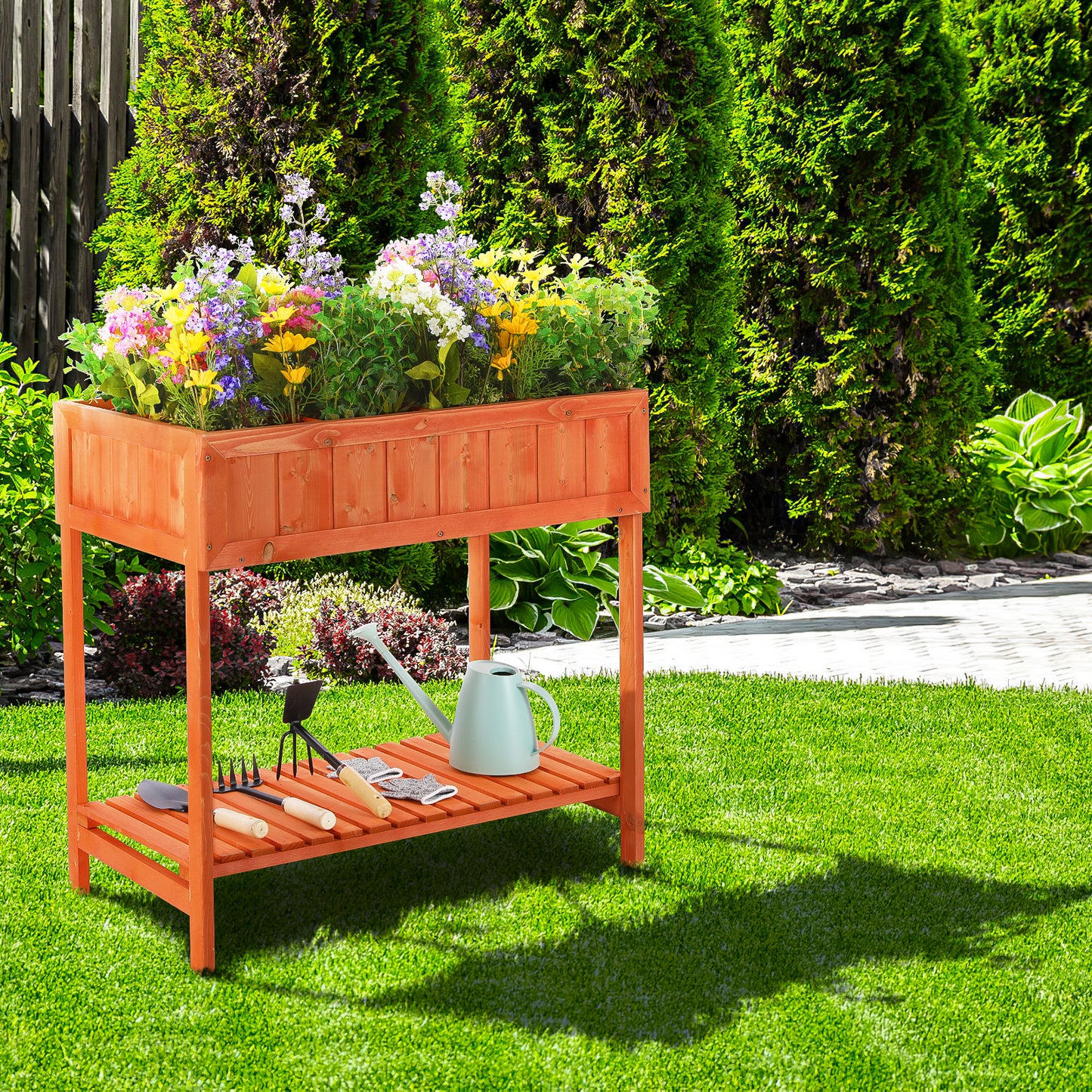 LAZY BUDDY Wooden Raised Garden Bed with Garden Tools Storage Shelf Elevated Planter Box Stand