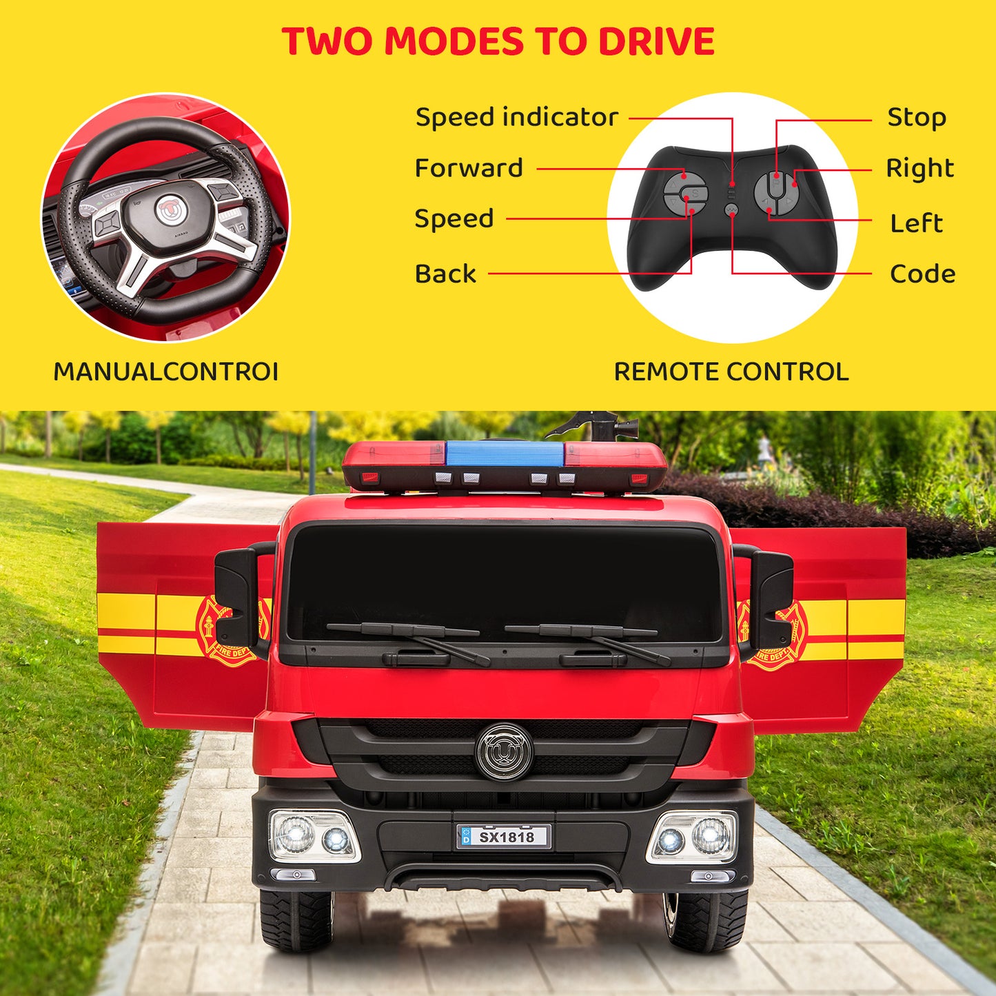 LAZY BUDDY Kids 12V Ride On Fire Truck Battery Powered Ride-Ons Toy Car with Remote Control, Siren for Boys Girls 3-6 Years