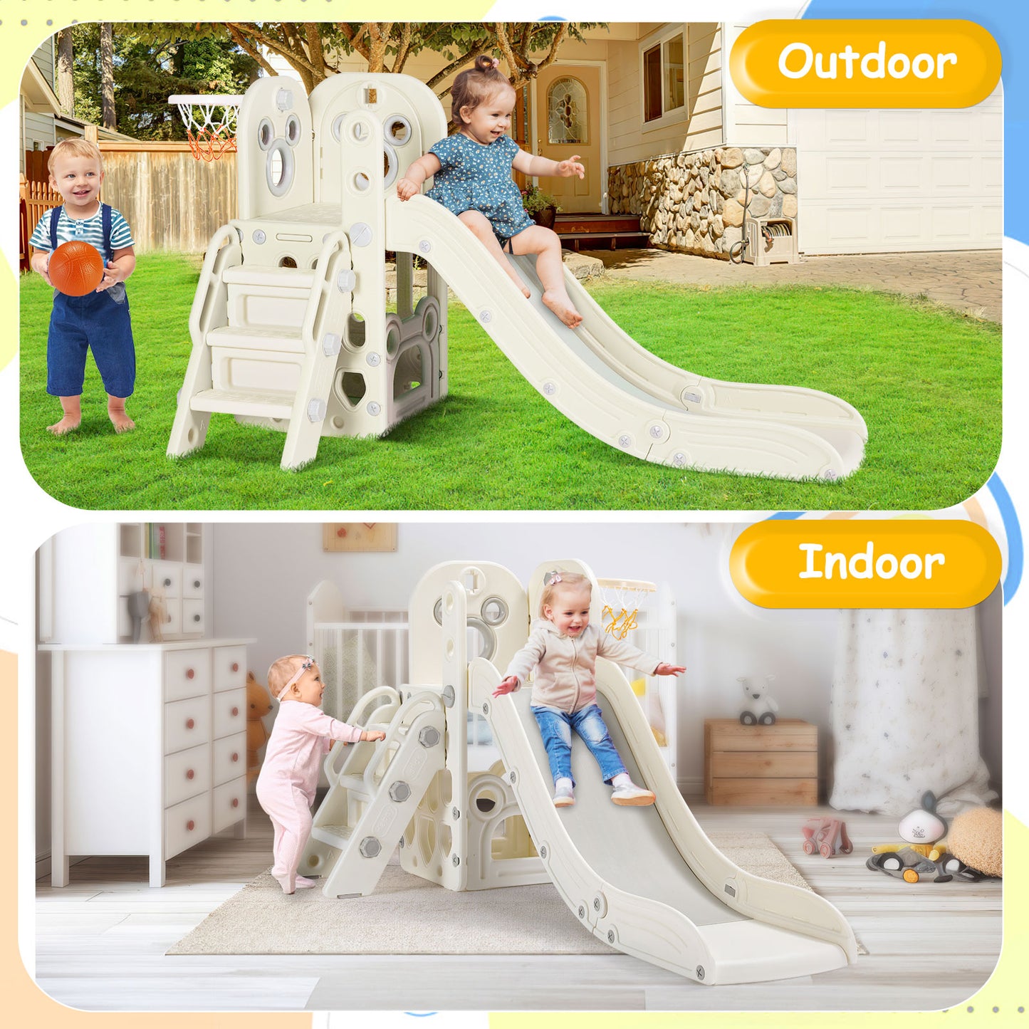 LAZY BUDDY Toddler Slide, 4-in-1 Kids Slide Play Climber, Freestanding Slide with Basketball Hoop, Baby Playset Indoor Outdoor Children Toys for Boys Girls White