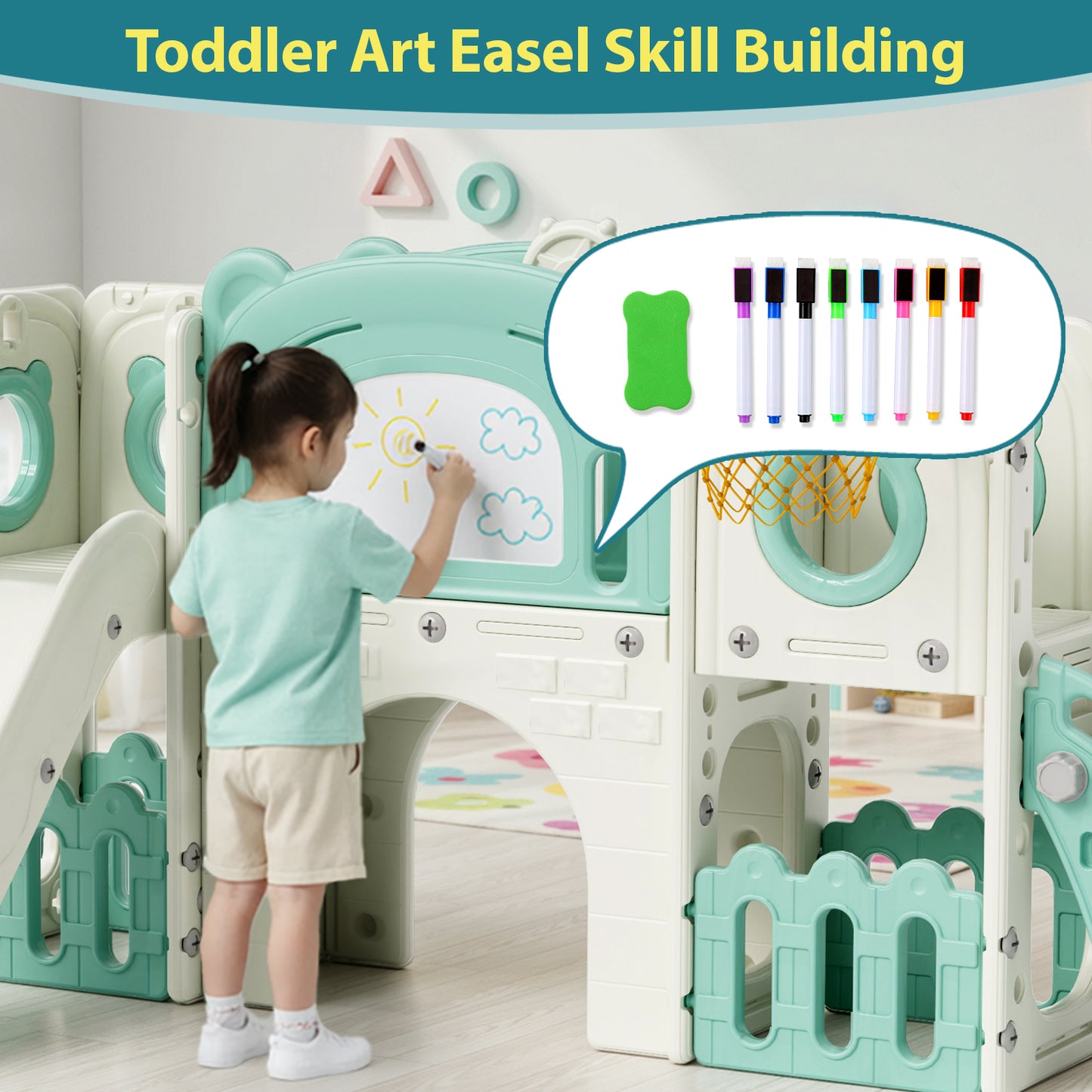 LAZY BUDDY 10 in 1 Toddler Slide, Freestanding Kids Slide and Climber Playset Indoor Outdoor Slide with Basketball Hoop, Telescope and Storage Space