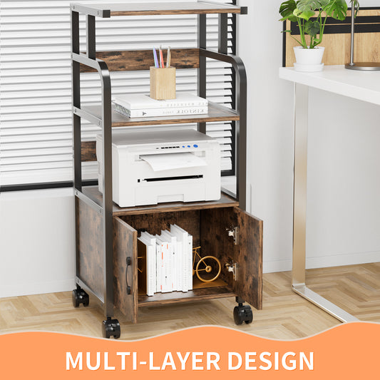 LAZY BUDDY 4-Tier Printer Stand with Lockable Casters and Wooden Cabinet Multi-Purpose Shelf Rack Movable Storage Cart Floor-Standing Printer Cart