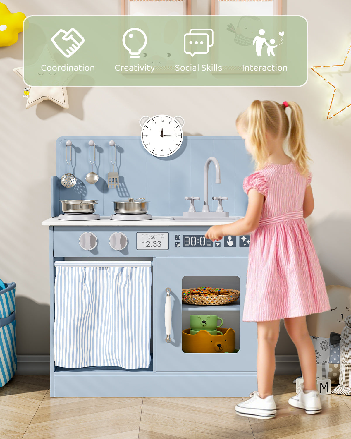 LAZY BUDDY Kids Play Kitchen, Wooden Kitchen Playset for Toddlers Interactive Pretend Play Toy with Clicking Knobs, Sink & Clock