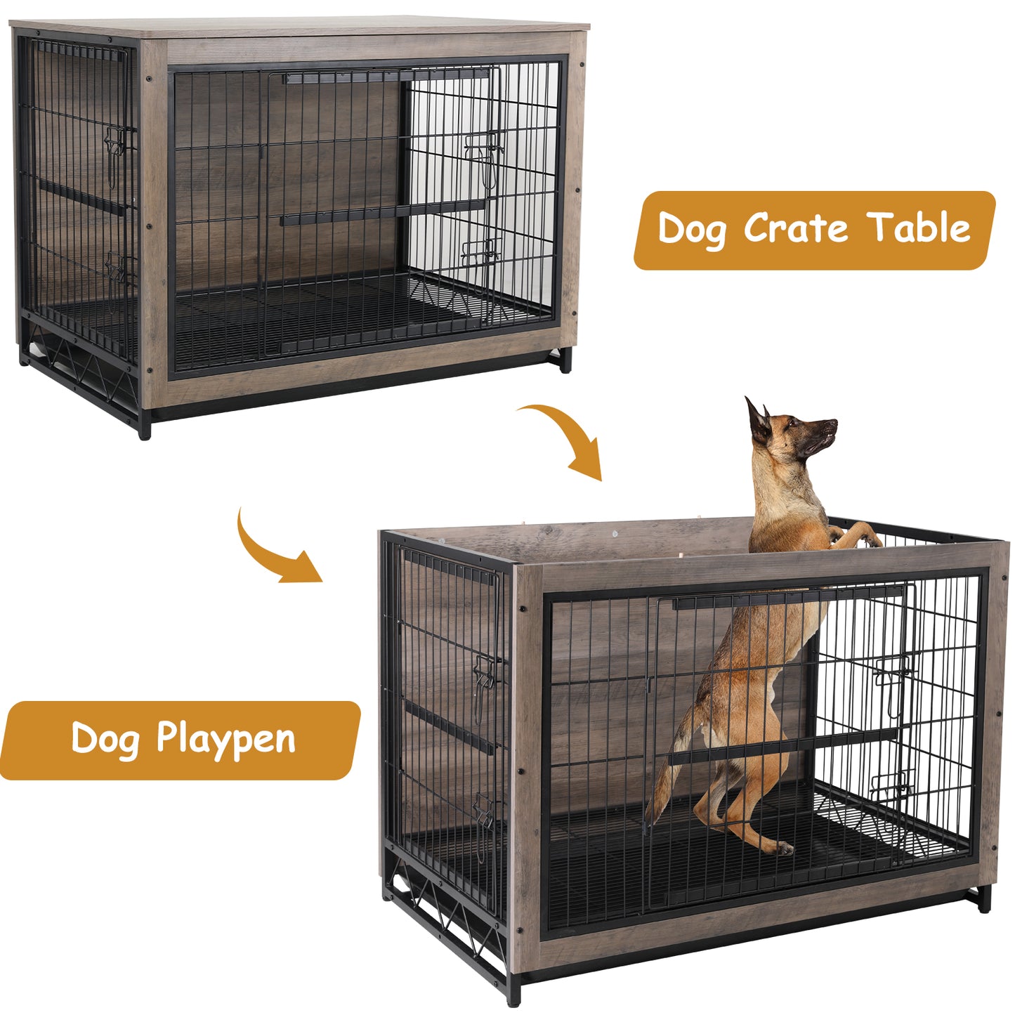 LAZY BUDDY Dog Crate Furniture, 44.1" Wooden Dog Kennel, Double Doors Modern Side End Table for Medium/Large/Small Dog, Griege