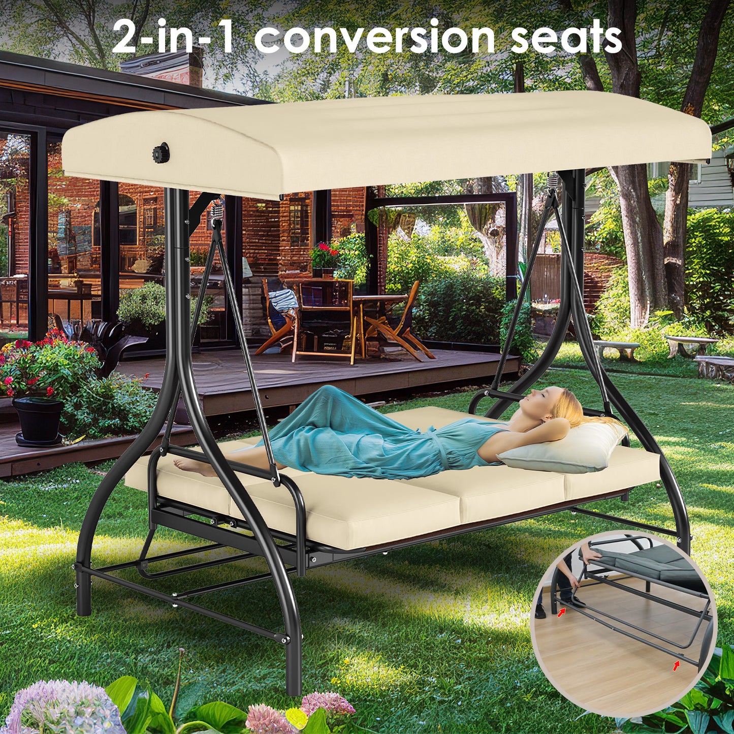 LAZY BUDDY Patio Swing Chair 3-Seat Converting Swing Glider Hammock for Garden, Backyard, Black, Burgundy