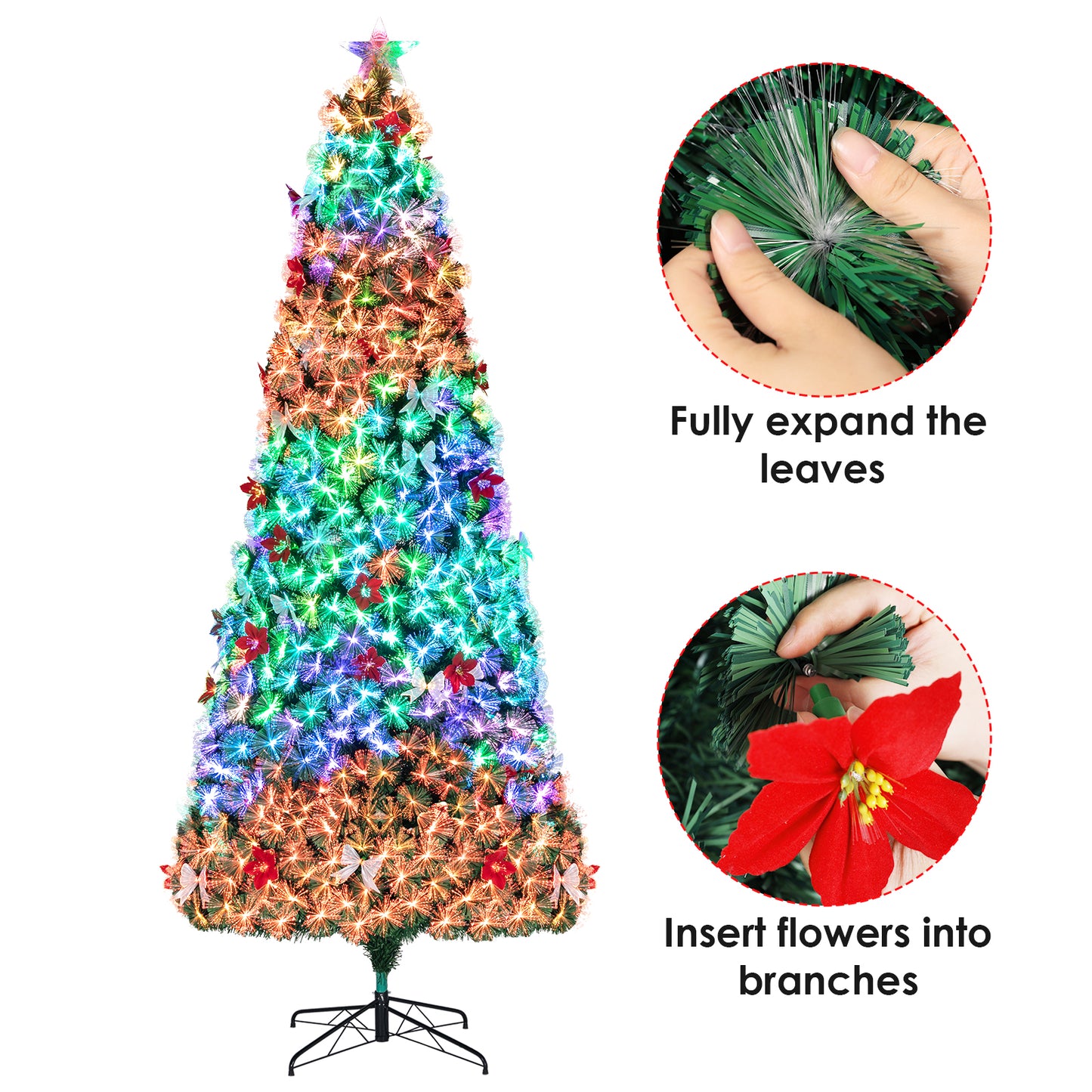 LAZY BUDDY Pre-Lit Christmas Trees, Fiber Optic Slim Pencil Xmas Tre with LED Lights, Top Star Light, Artificial Flowers, Foldable Metal Stand