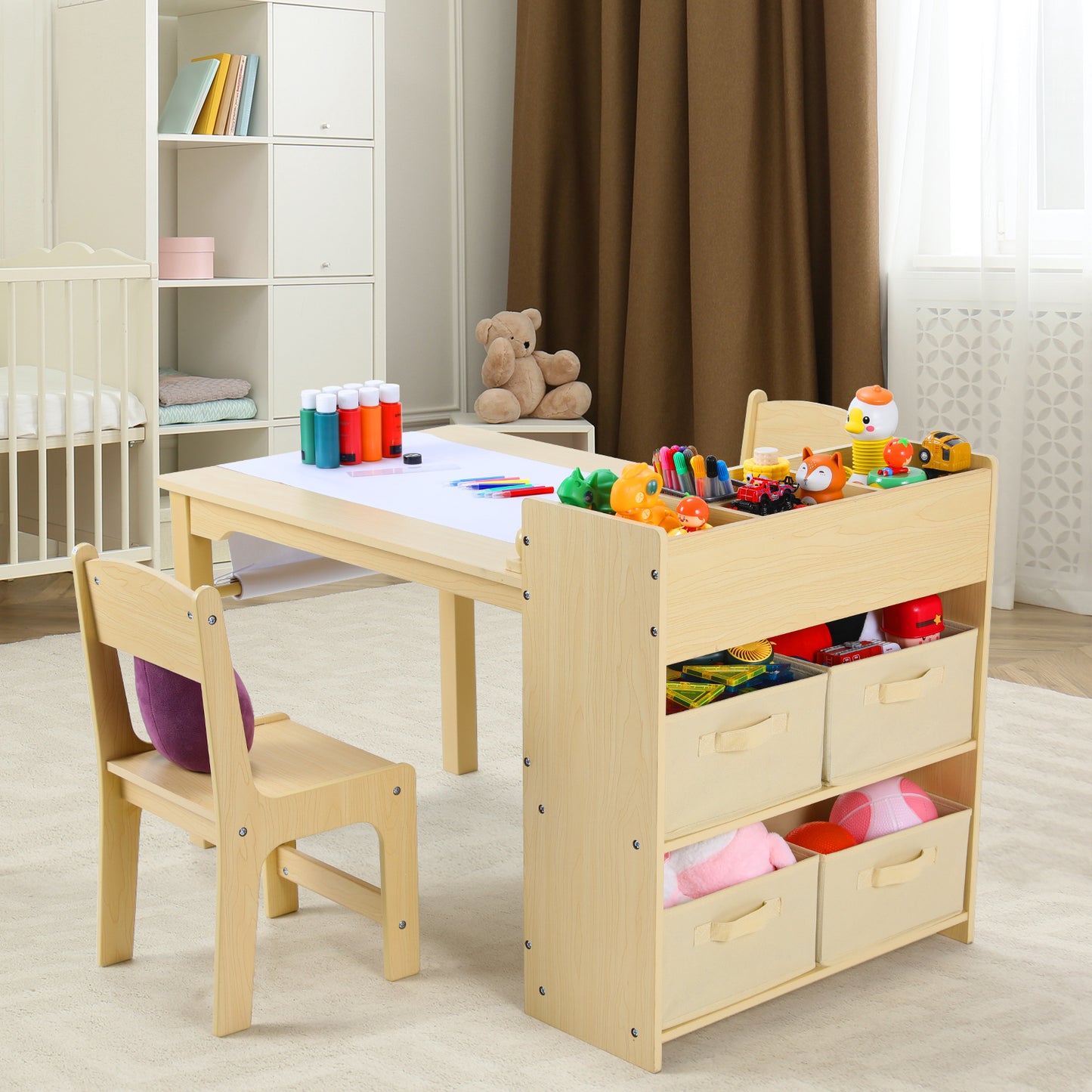 LAZY BUDDY Kids Table and 2 Chairs Set Wood with 4 Storage Shelves and Paper Roll Kids Activity and Study Table Furniture