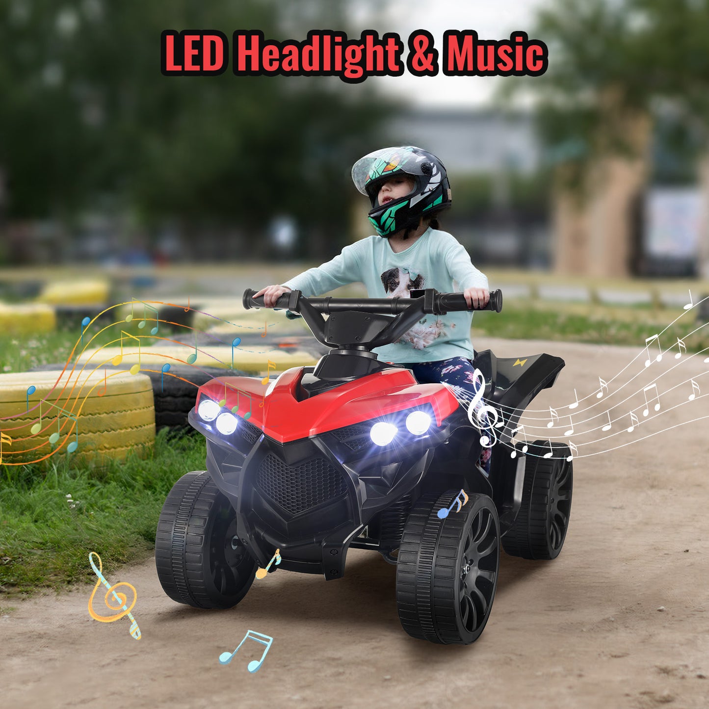 LAZY BUDDY 6V Battery Powered Kids Ride On ATV 4-Wheeler Quad w/ Music & LED Headlight