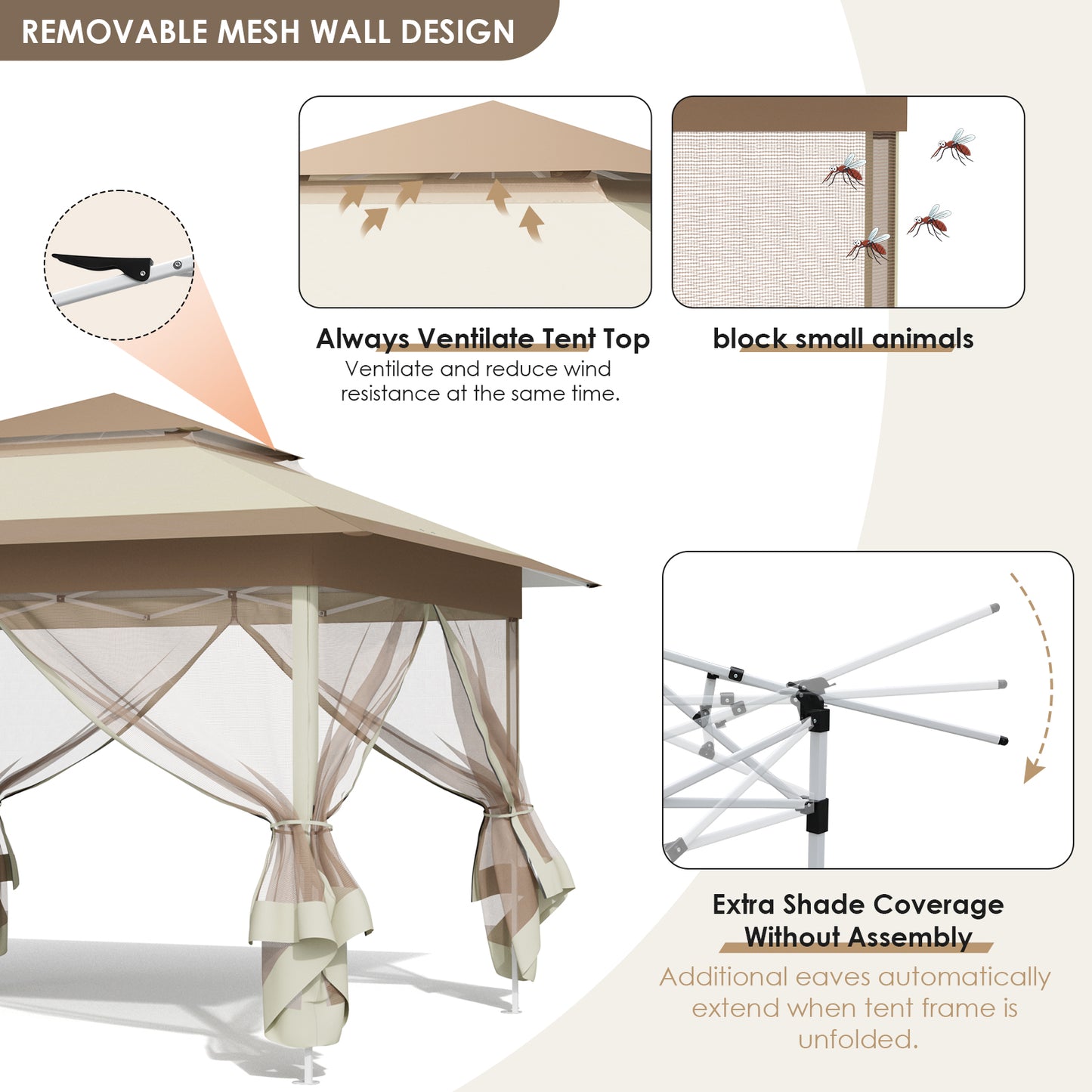 LAZY BUDDY 11' x 11' Pop up Canopy Tent, Outdoor Screen Tent with 4 Mosquito Netting, Straight Leg Folding Instant Shelter, Beige