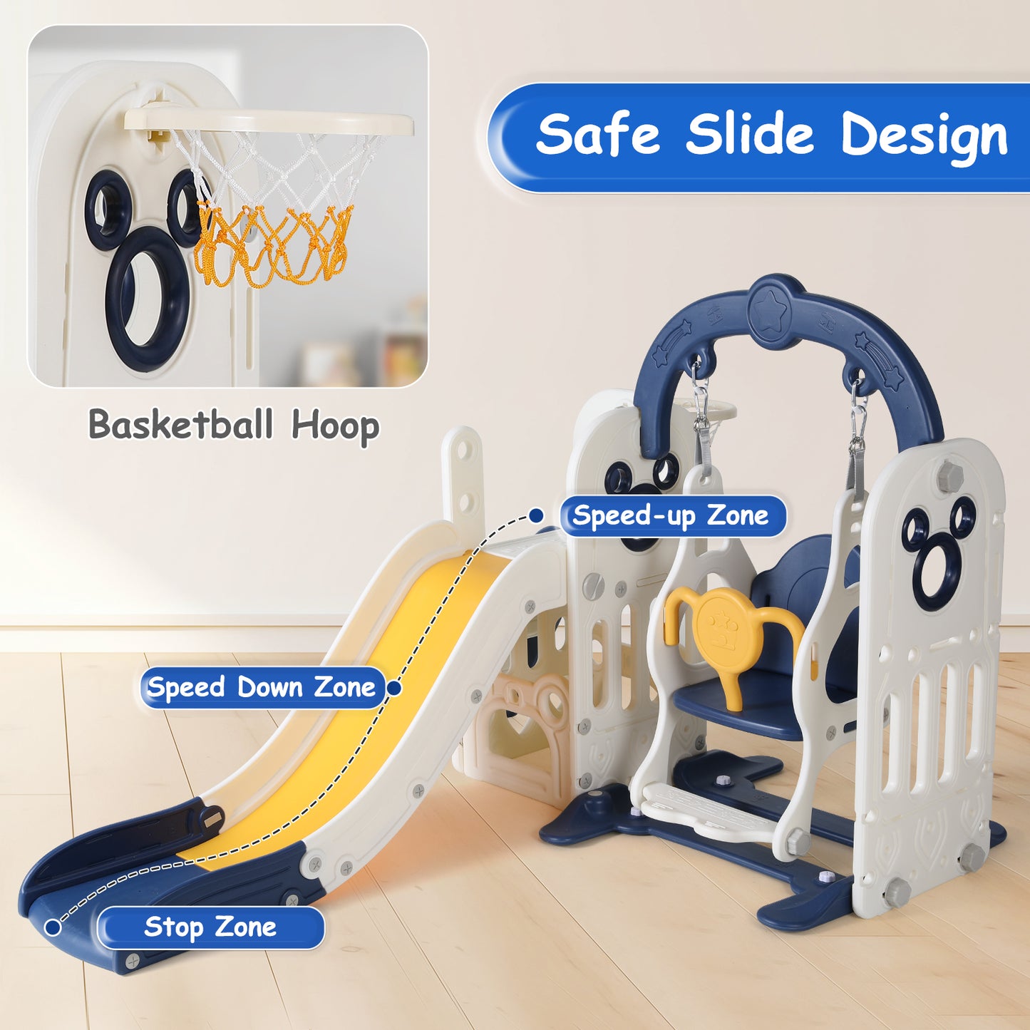 LAZY BUDDY Kids Slide and Swing Set, 5 in 1 Slide Climber for Toddler, with Ball & Hoop, Storage Space, Suction Cup Reinforced Base, Indoor Outdoor Playground