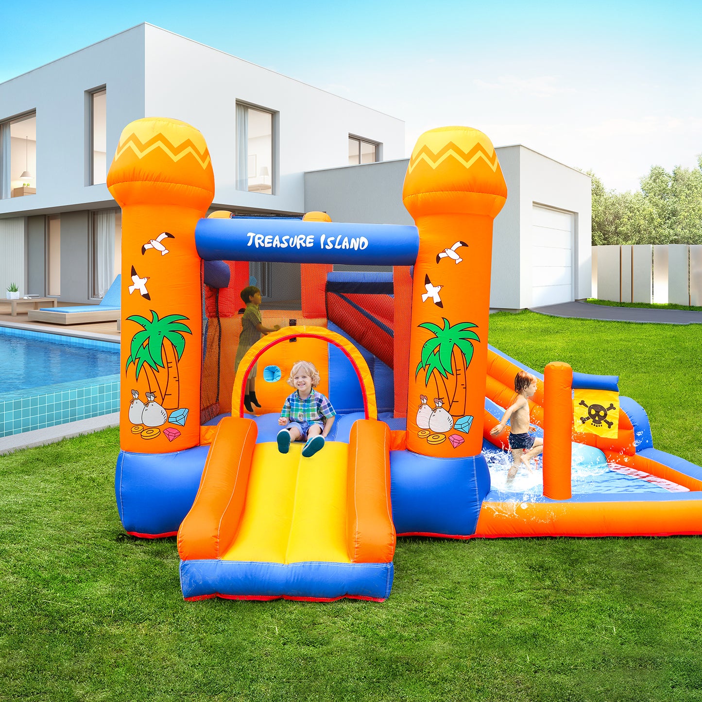 LAZY BUDDY Inflatable Bounce House with Blower, Outdoor Yard Water Slide Bounce House with Splash Pool & Jumping Area for Kids 3-12 Years