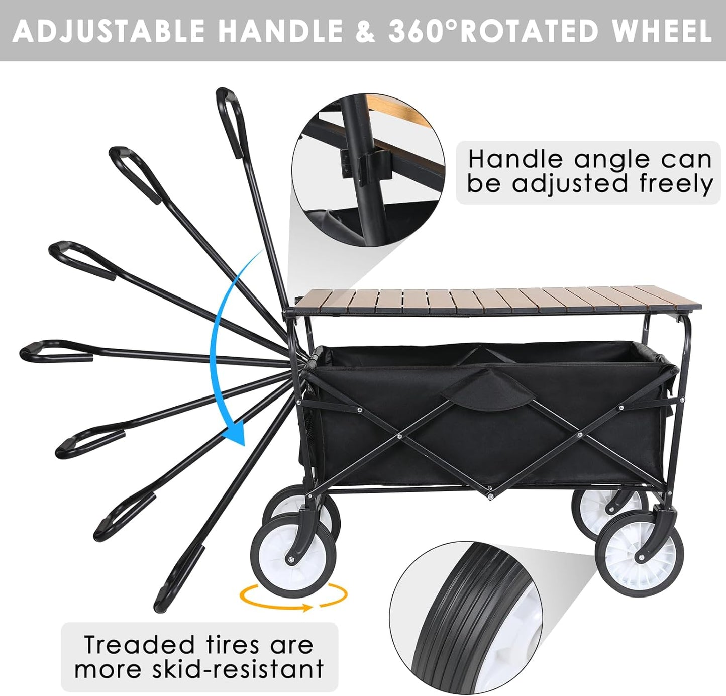LAZY BUDDY Collapsible Folding Wagon, Utility Garden Cart with Metal Desktop, 150 LBS for Camping, Beach, Garden, Grocery