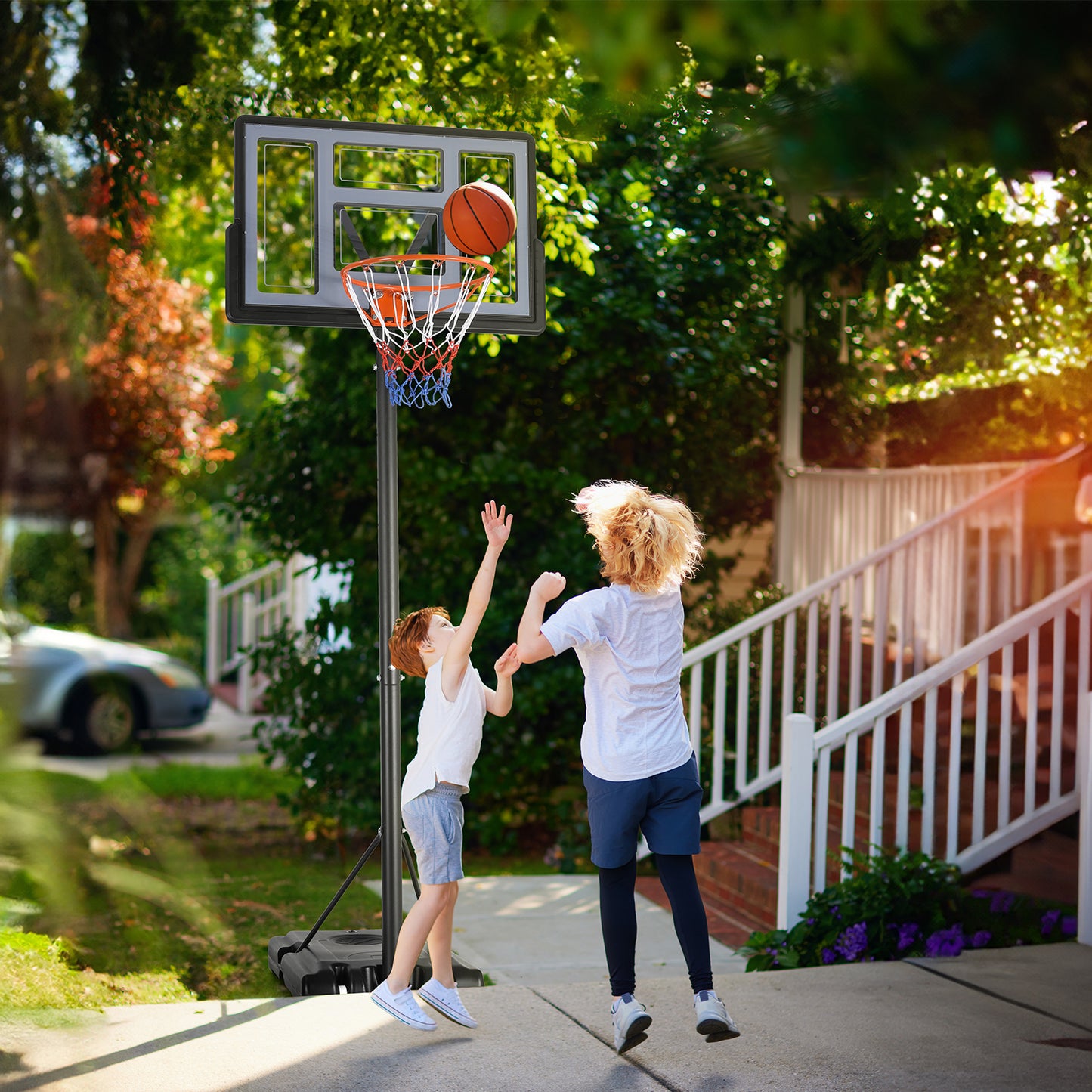 LAZY BUDDY Basketball Hoop, Outdoor Portable Basketball Goal System, 4.4-10 ft Height Adjustable for Kids Teen and Adult, with Wheels and Shatterproof