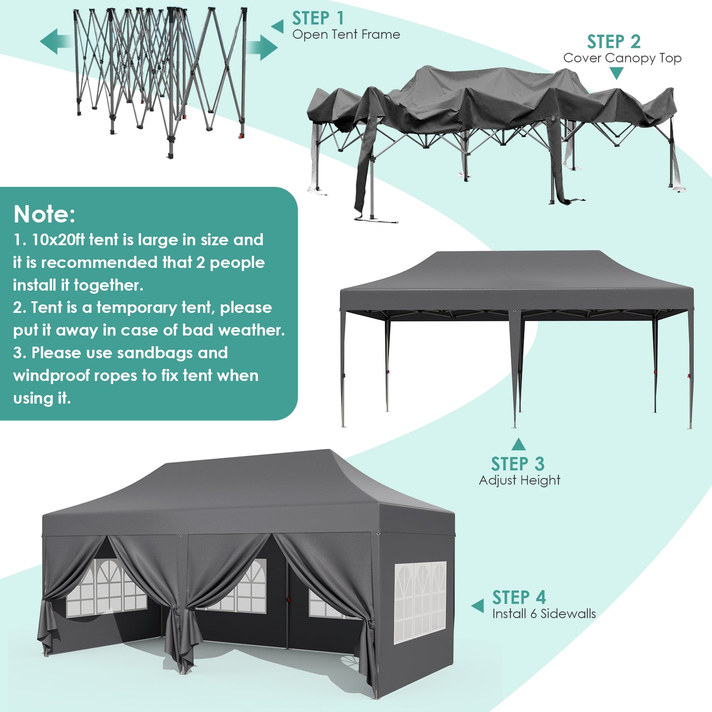 LAZY BUDDY 10' x 20' Ez Pop Up Canopy Tent, Heavy Duty Outdoor Canopy Tent Folding Instant Shelter, Wedding Party Large Gazebo with Sidewalls, Adjustable Height