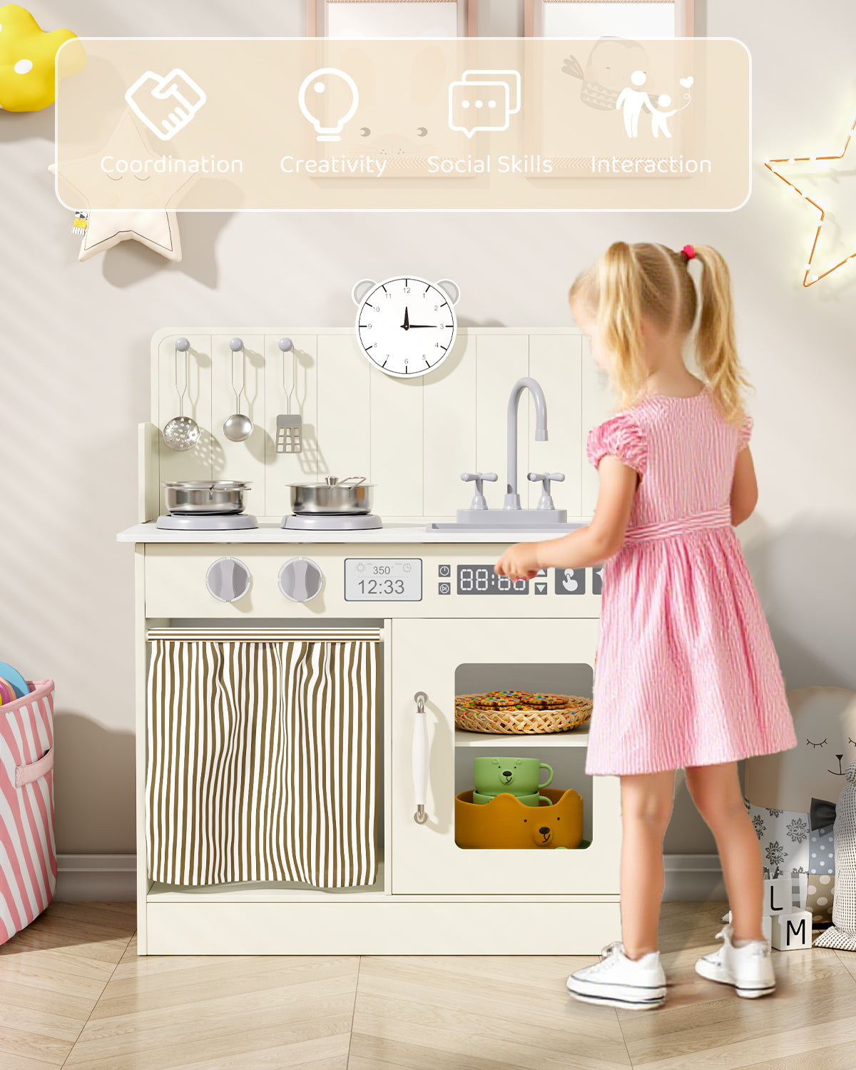 LAZY BUDDY Kids Play Kitchen, Wooden Kitchen Playset for Toddlers Interactive Pretend Play Toy with Clicking Knobs, Sink & Clock
