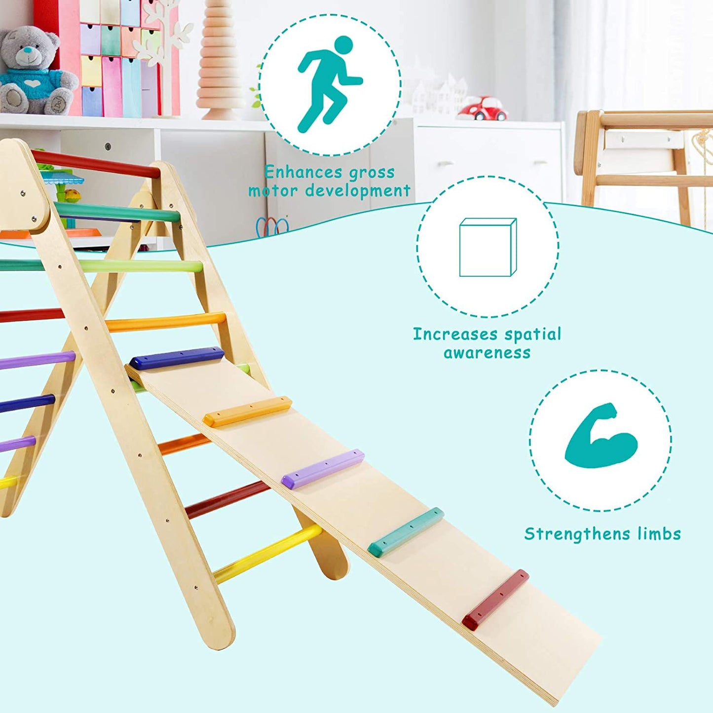 LAZY BUDDY Foldable Climbing Triangle with Ramp, Wooden Climber Ladder Indoor Outdoor Sliding Climbing Toy for Kids 2-7 Years