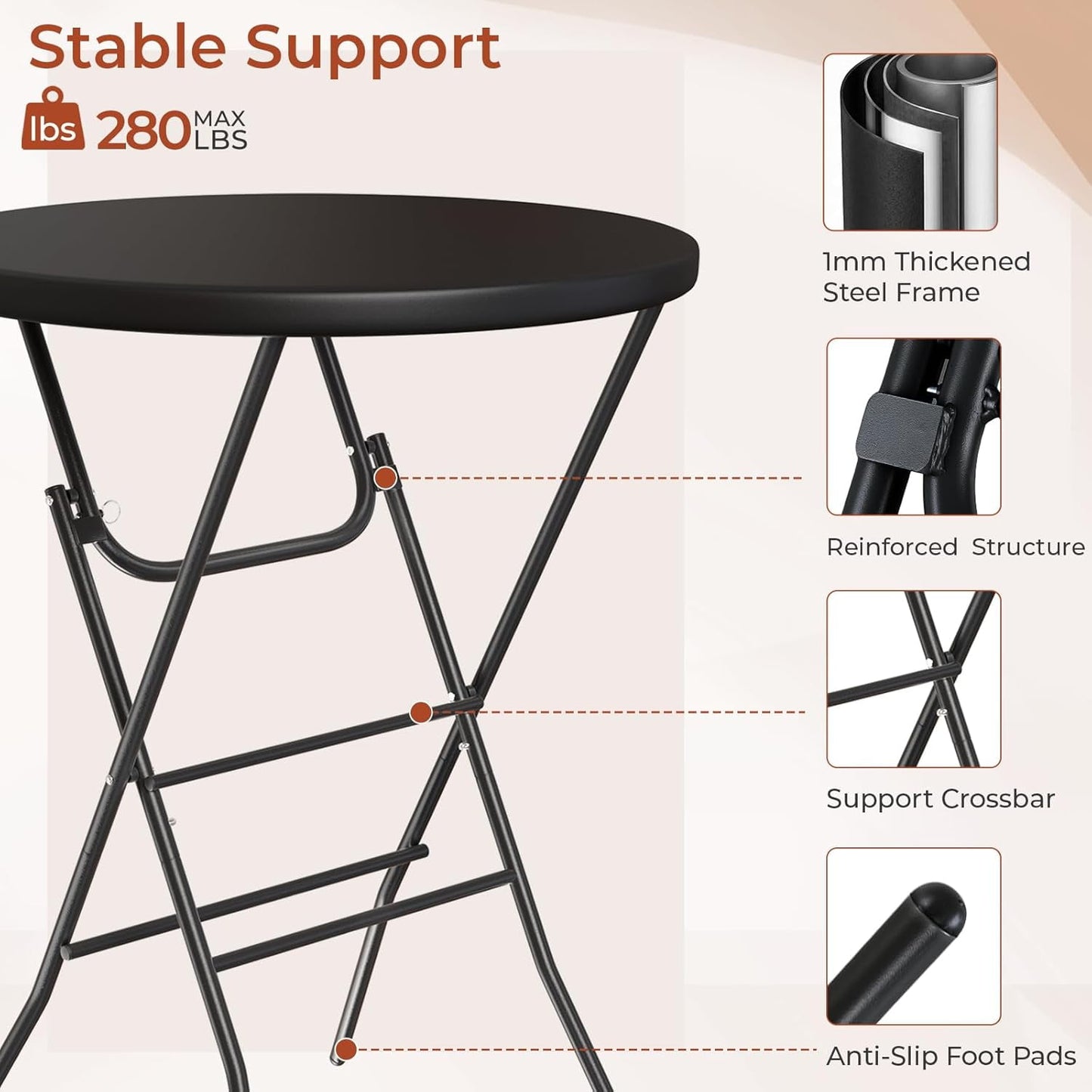 LAZY BUDDY 32'' Round Folding Table, Portable Bar Height Table with Detachable Legs, Cocktail Table with Plastic Top for Standing Parties, Event, Indoor Outdoor Use