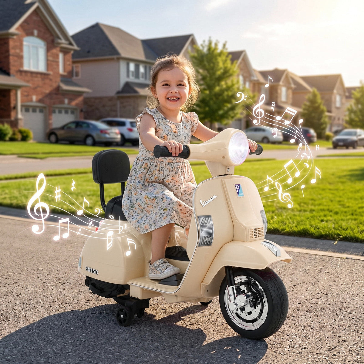 LAZY BUDDY Licensed Vespa Ride on Scooter, 6V Electric Motorcycle for Kids with Training Wheels, LED Headlight, Ride on Toy Gift for 3+