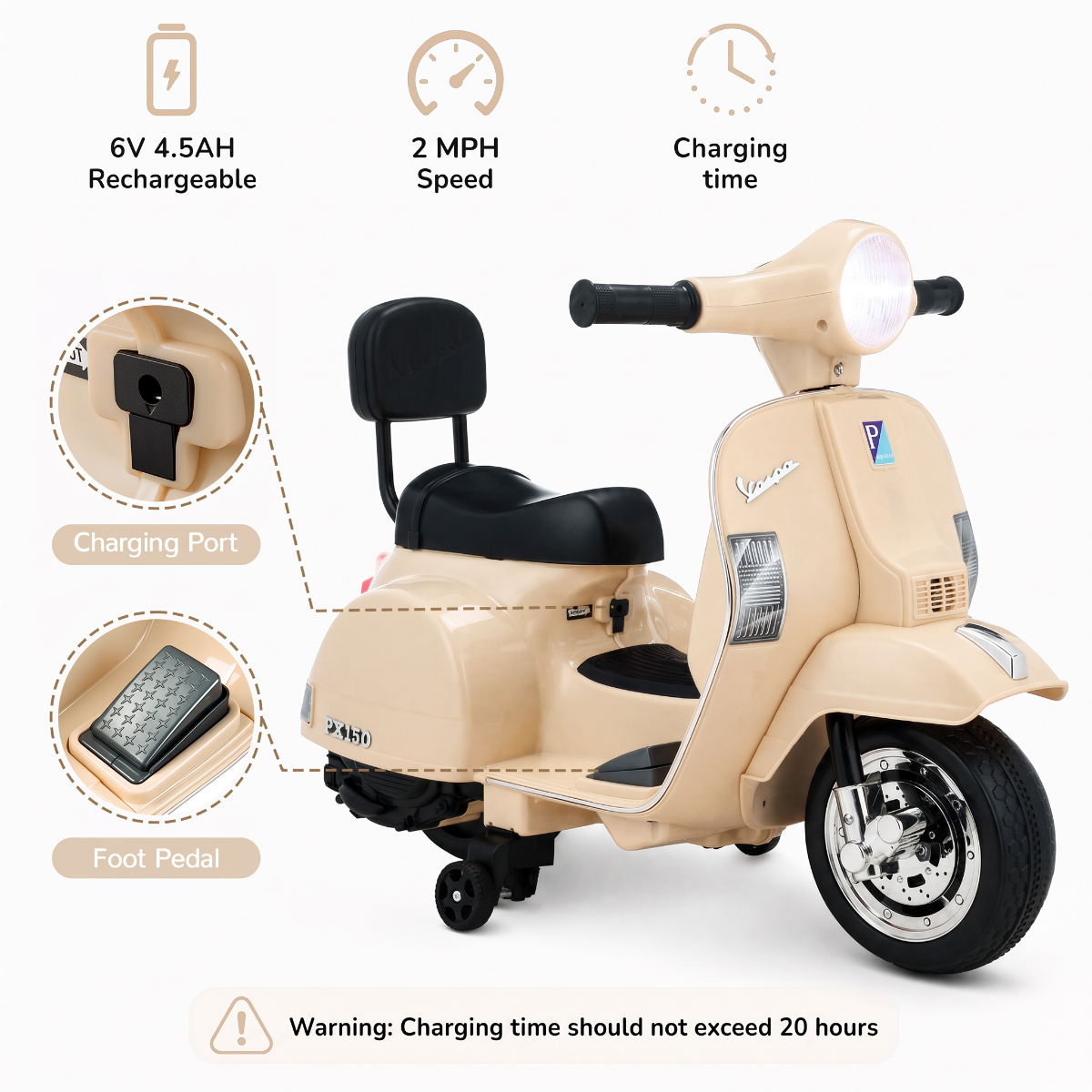 LAZY BUDDY Licensed Vespa Ride on Scooter, 6V Electric Motorcycle for Kids with Training Wheels, LED Headlight, Ride on Toy Gift for 3+