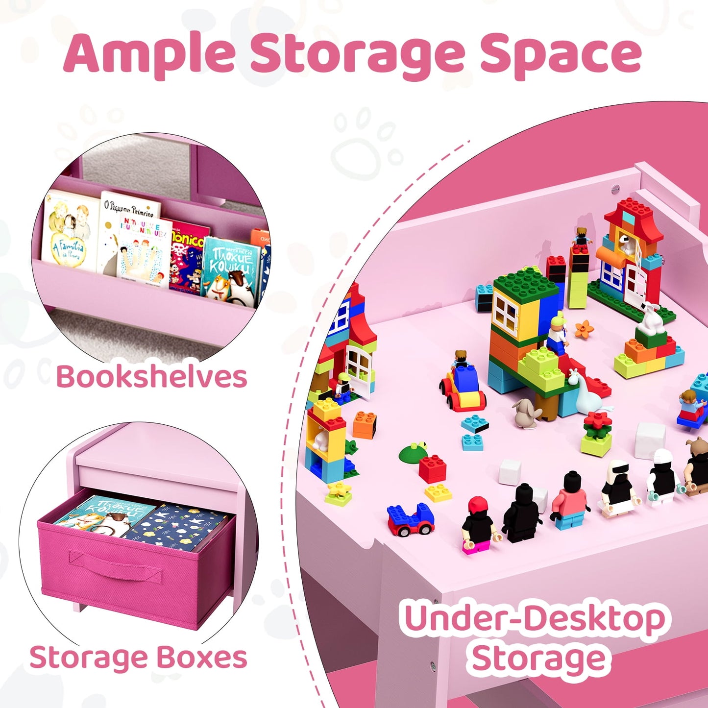 LAZY BUDDY Kids Table and Chairs Set, Toddler Desk with Storage Drawer, Wooden Activity Table Set with Detachable Tabletop, Bookshelf for Classroom/Home/Nursery