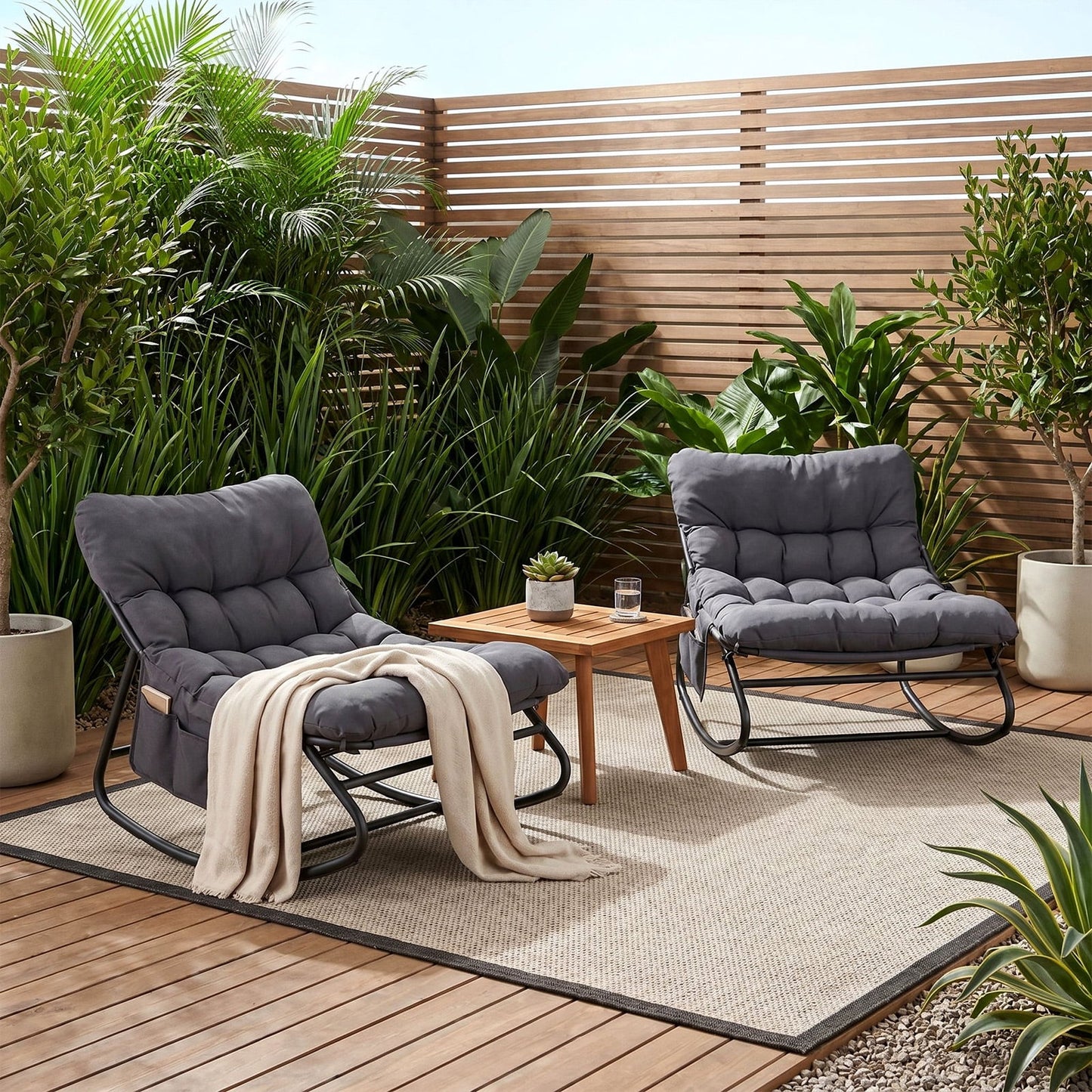 LAZY BUDDY Oversized Outdoor Rocking Chair, Comfy Papasan Rocker Chair with Thick Cushions for Living Room, Bedroom, Balcony, Patio