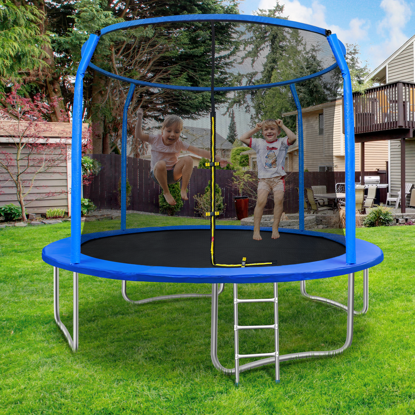 LAZY BUDDY 12FT Round Trampoline for Kids with Safety Enclosure Net & Ladder, Outdoor Trampoline Rebounder 330lbs Capacity