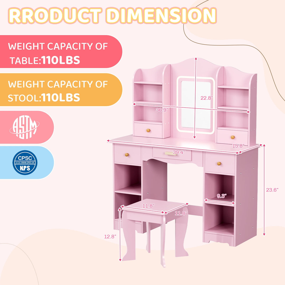 LAZY BUDDY Wooden Kids Vanity Table with Lights, Mirror and Stool, 2 in 1 Toddler Pretend Play Dressing Table with Drawers & Open Shelves for Little Girls