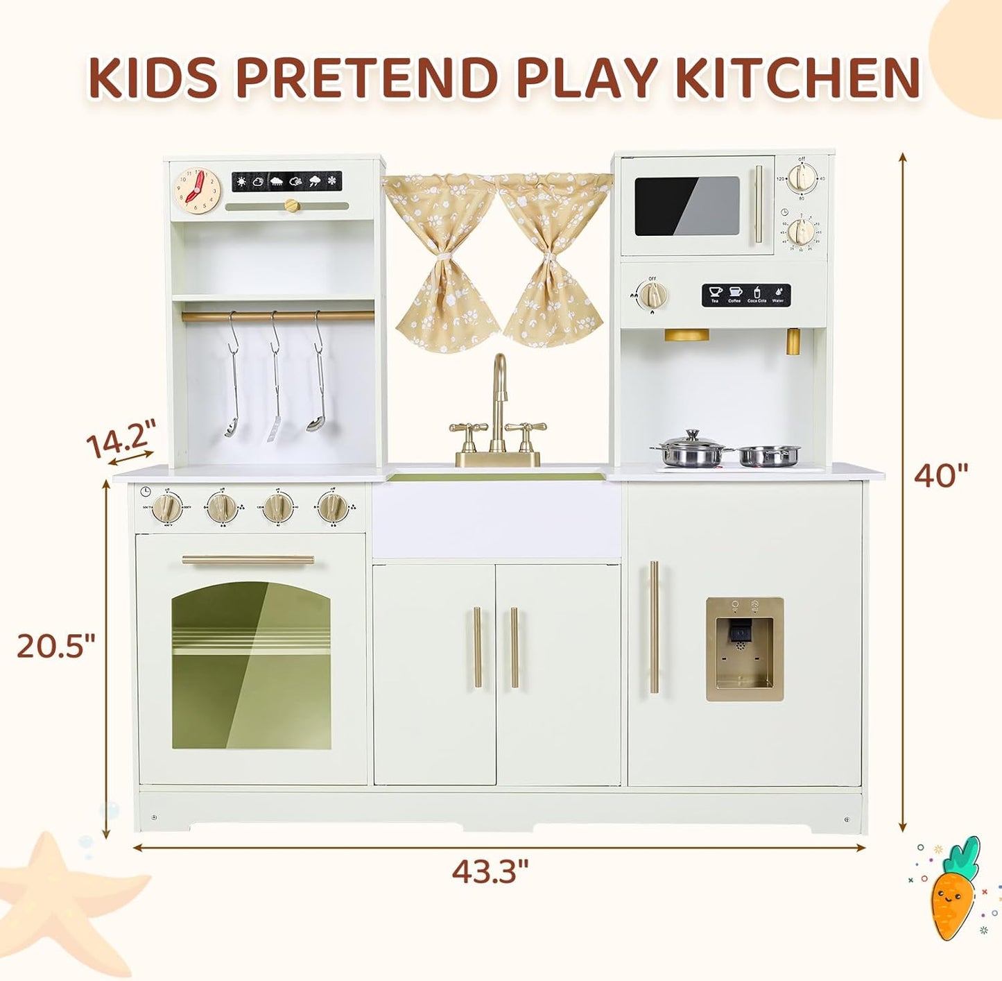 LAZY BUDDY Toddler Play Kitchen, Wooden Kids Kitchen Playset w/Stove, Sink, Microwave, Water Dispenser, Curtain, Gift for Ages 3+