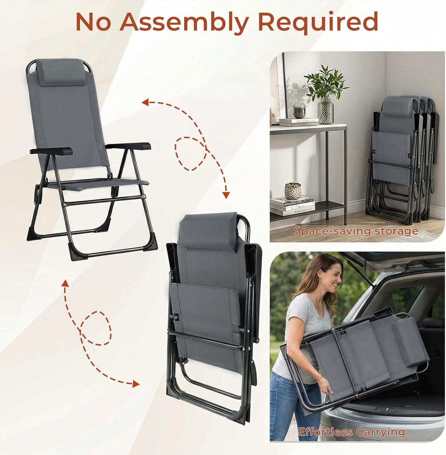 LAZY BUDDY Folding Patio Dining Chairs Set of 2/4 with Armrests, 5-Postion Adjustable Outdoor Chair with Removable Headrest for Deck, Lawn, Garden, Backyard
