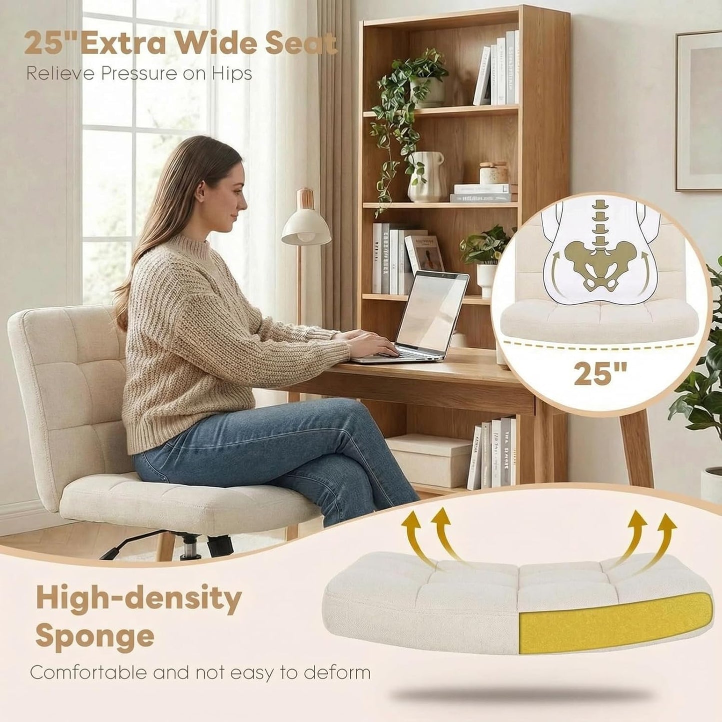 LAZY BUDDY Office Chair, Armless Criss Cross Legged Chair with Wheels, Comfy Home Vanity Task Computer Chair, Adjustable Height