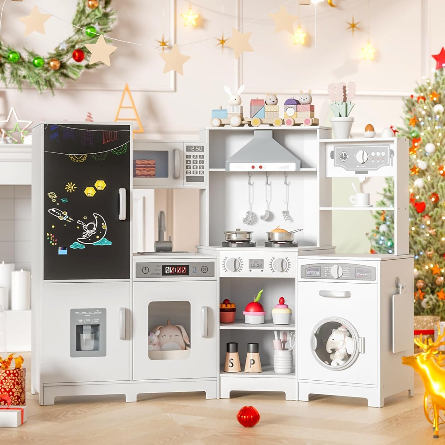 LAZY BUDDY Pretend Play Corner Kitchen, Ultimate Interactive Wooden Kids Kitchen Playset with Range Hood, Chalkboard, Ice Maker