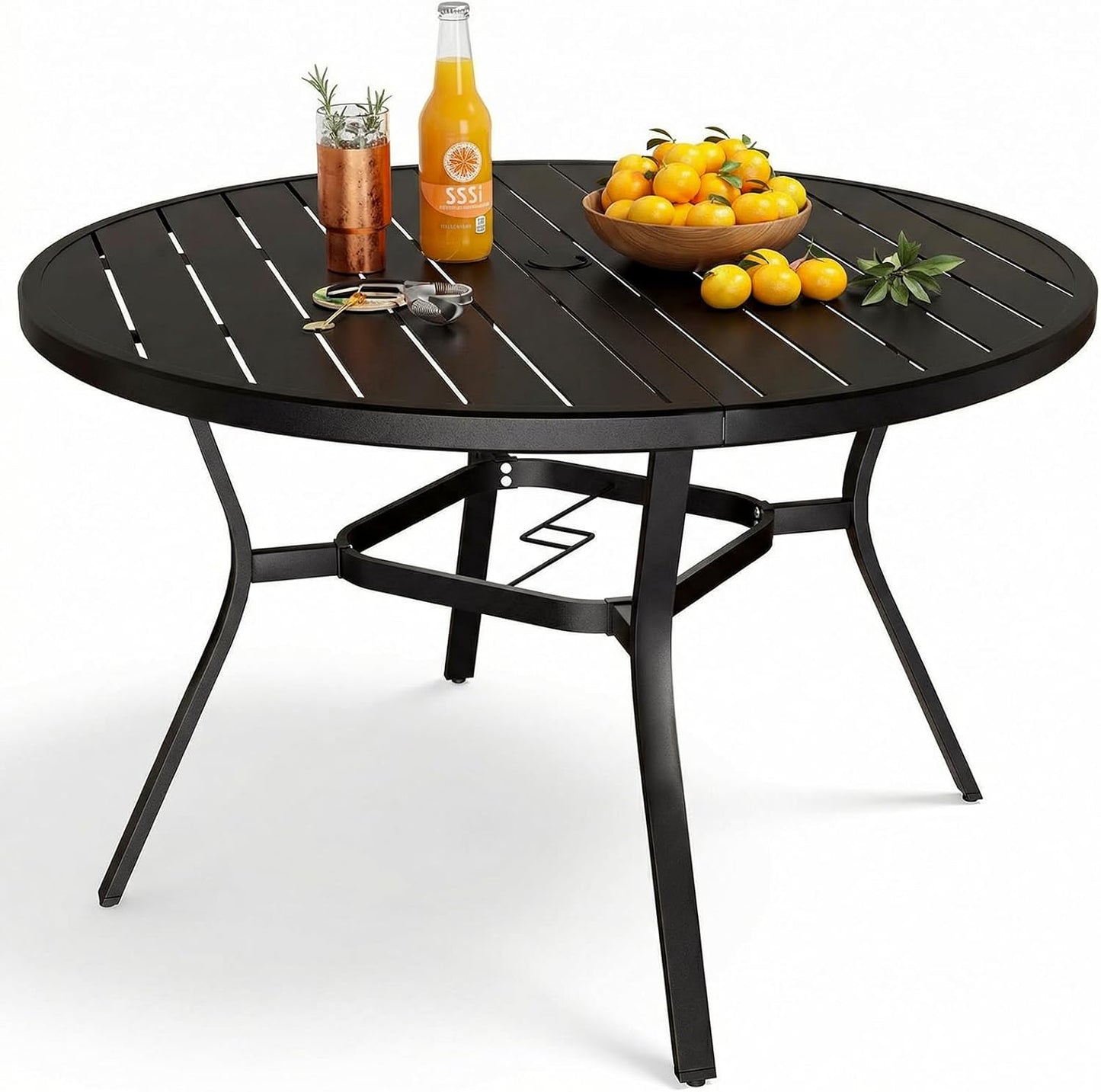 LAZY BUDDY Outdoor Dining Table for 4-6, E-Coating Metal Patio Dining Table with Umbrella Hole, All-Weather Table for Picnic, Garden, Backyard, Poolside