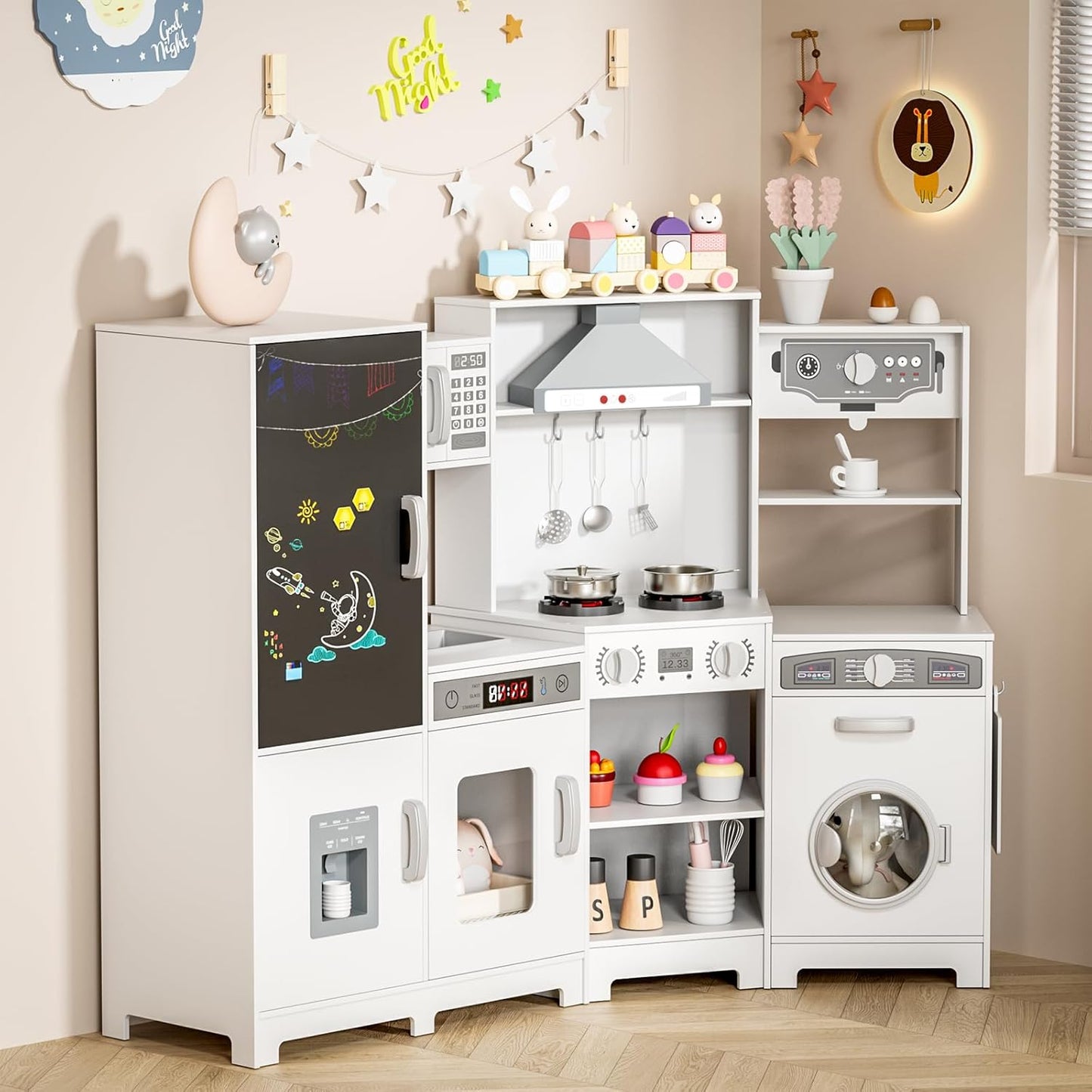 LAZY BUDDY Pretend Play Corner Kitchen, Ultimate Interactive Wooden Kids Kitchen Playset with Range Hood, Chalkboard, Ice Maker