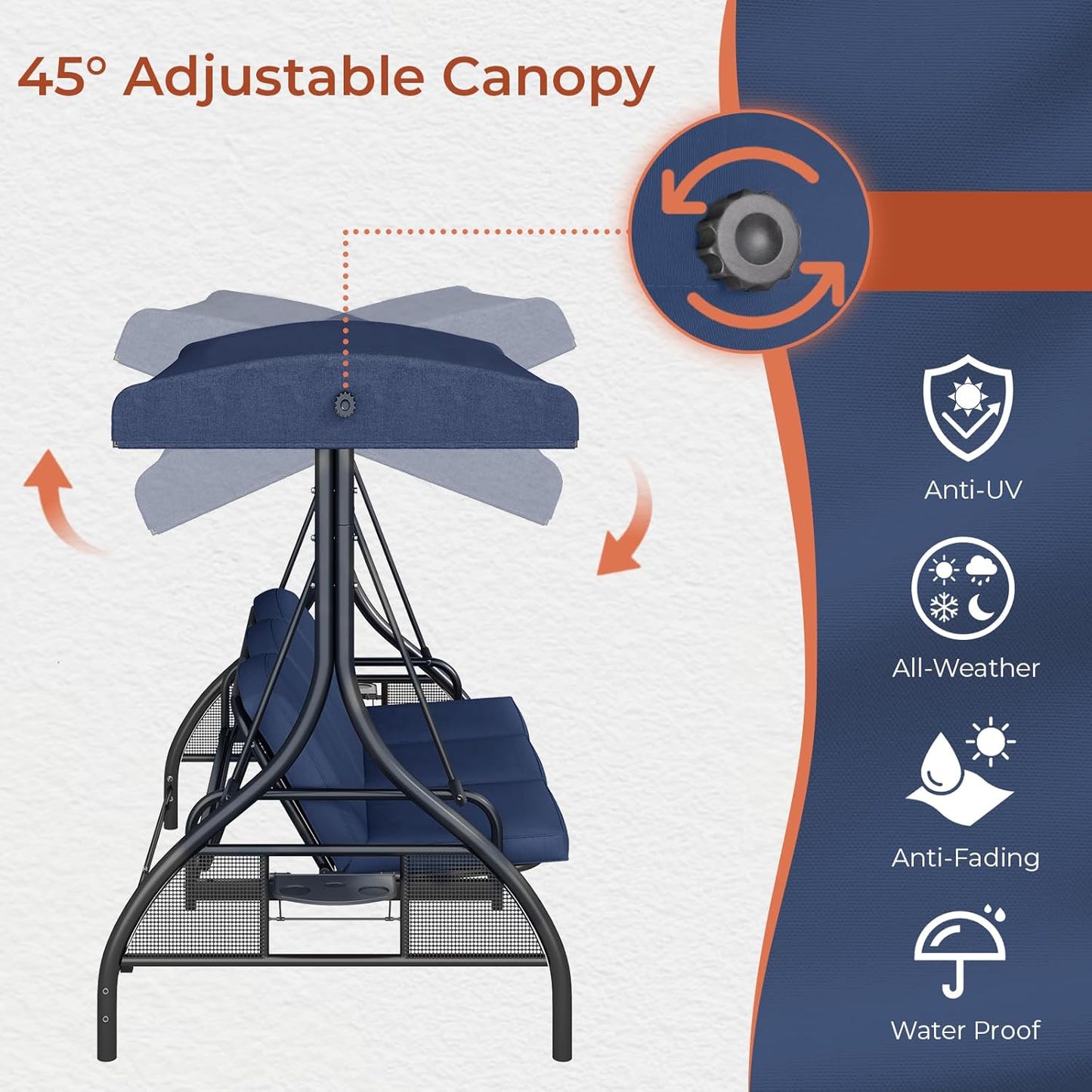 LAZY BUDDY Outdoor Porch Swing with Canopy and Stand, 3 Person Patio Swing for Adults, Convertible 2 in 1 Porch Swing Bed with Cup Holder, 750lbs