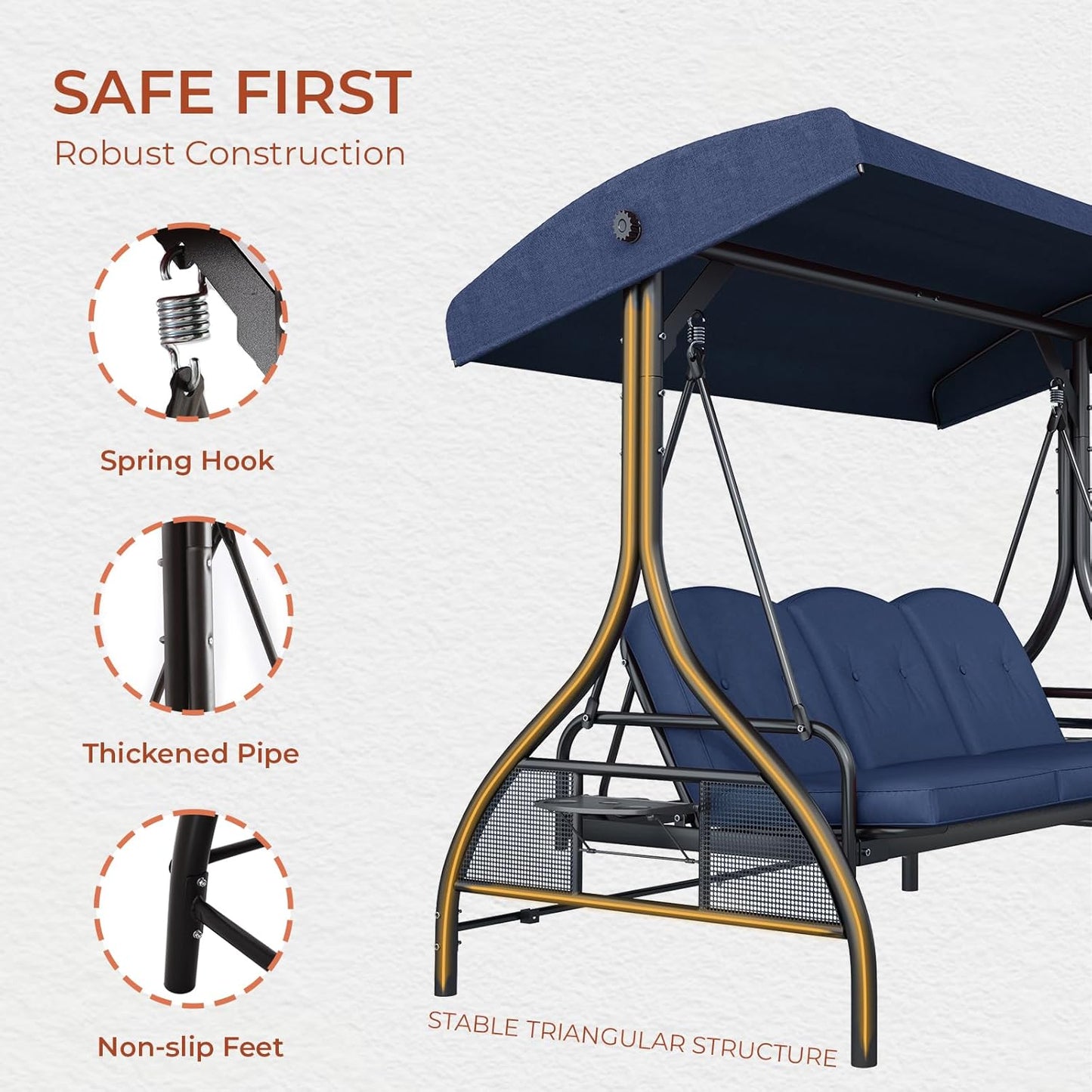 LAZY BUDDY Outdoor Porch Swing with Canopy and Stand, 3 Person Patio Swing for Adults, Convertible 2 in 1 Porch Swing Bed with Cup Holder, 750lbs