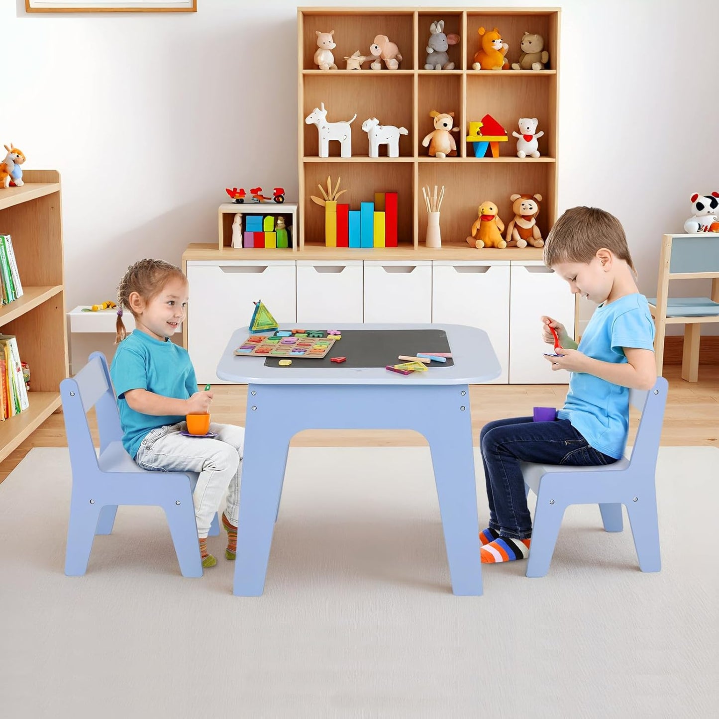 LAZY BUDDY Wooden Kids Table and 2 Chairs Set with Storage, Toddler Activity Table with 2 Removable Double-Sided Tabletops for Drawing, Arts Crafts Playing