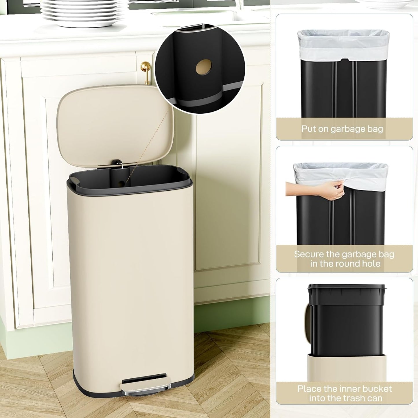 LAZY BUDDY 13.2 gal Kitchen Step-on Trash Can, Stainless Steel Garbage Can with Lid, Rectangular Rubbish Bin with Removable Plastic Inner Bucket - 5 Options