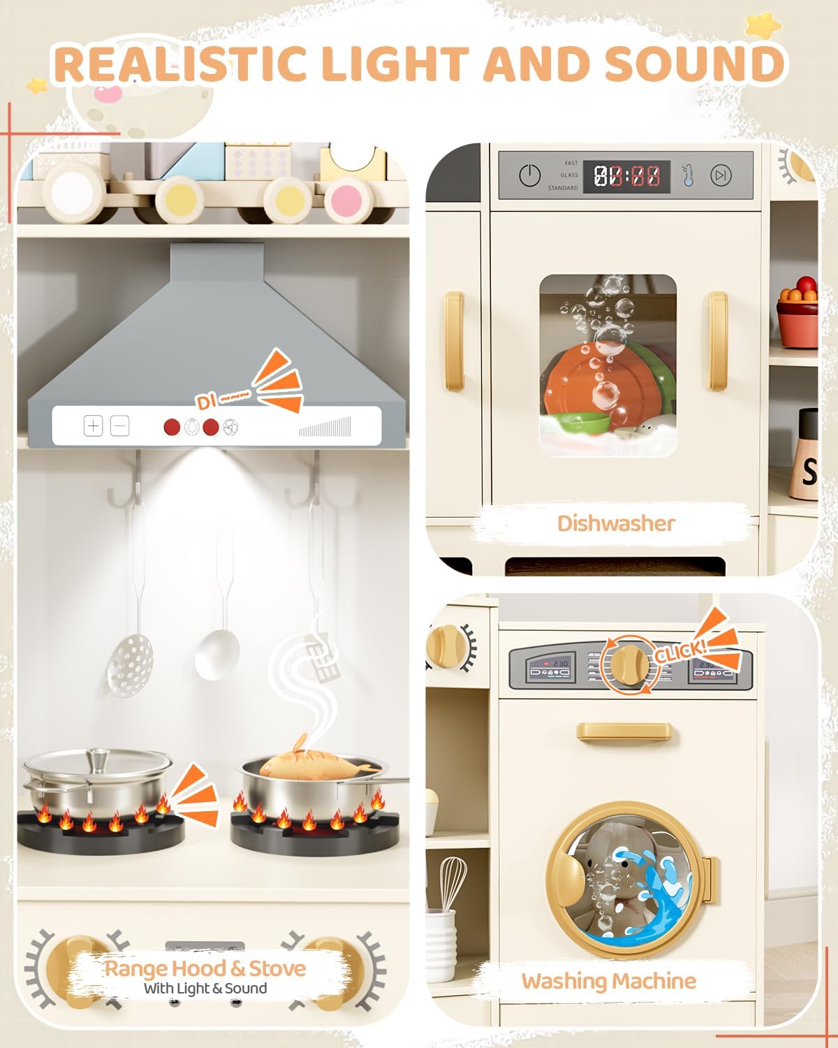 LAZY BUDDY Pretend Play Corner Kitchen, Ultimate Interactive Wooden Kids Kitchen Playset with Range Hood, Chalkboard, Ice Maker