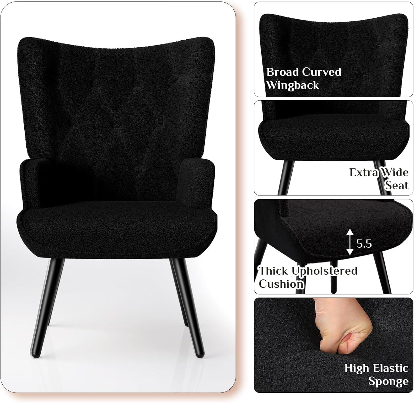 LAZY BUDDY Accent Chairs Set of 2, PU Leather Armchair Upholstered Wingback Chair for Living Room, Bedroom, Waiting Room