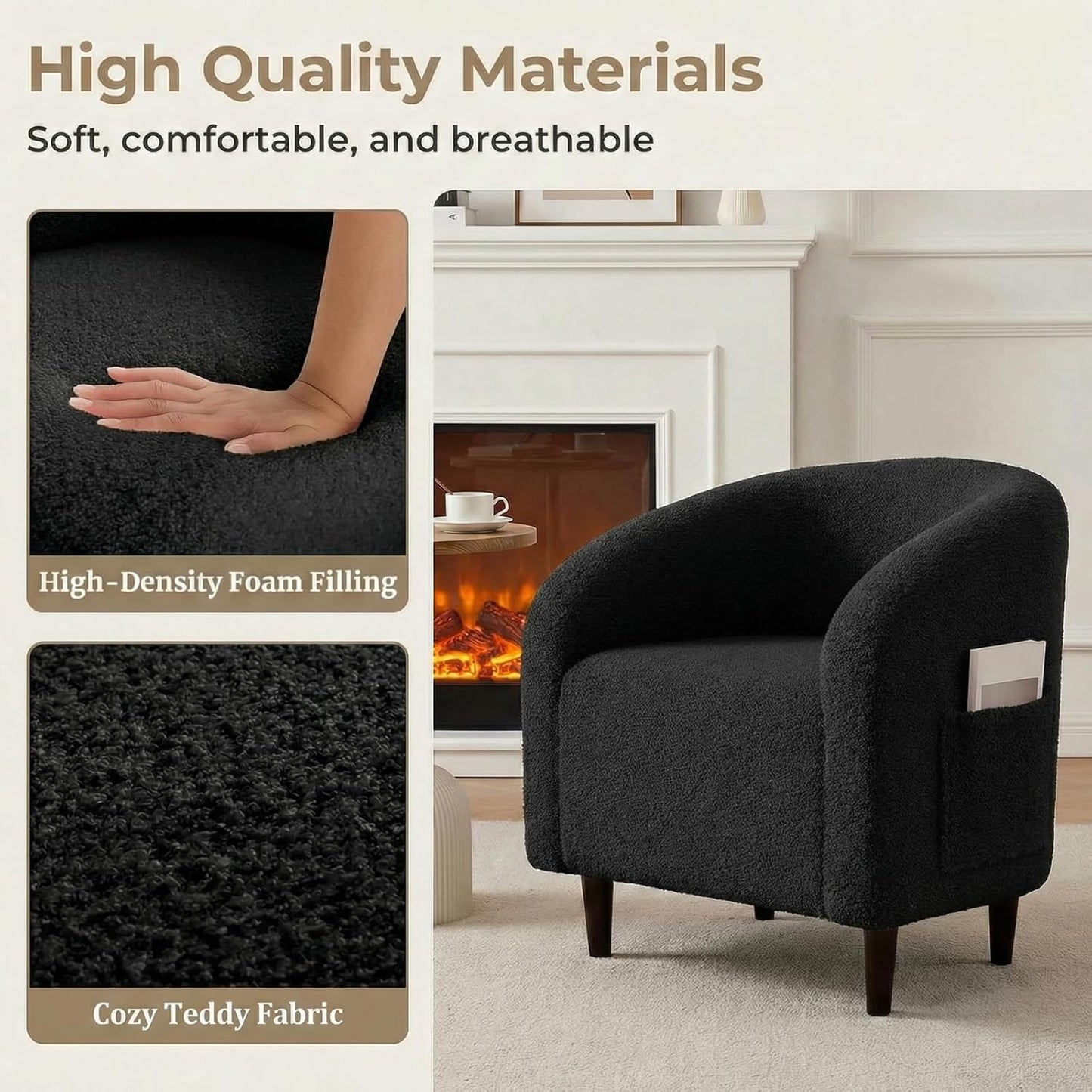 LAZY BUDDY Accent Barrel Chair, Comfy Teddy Fabric Club Chair with Side Pocket, Modern Armchair for Living Room, Bedroom, Office, Reception Space