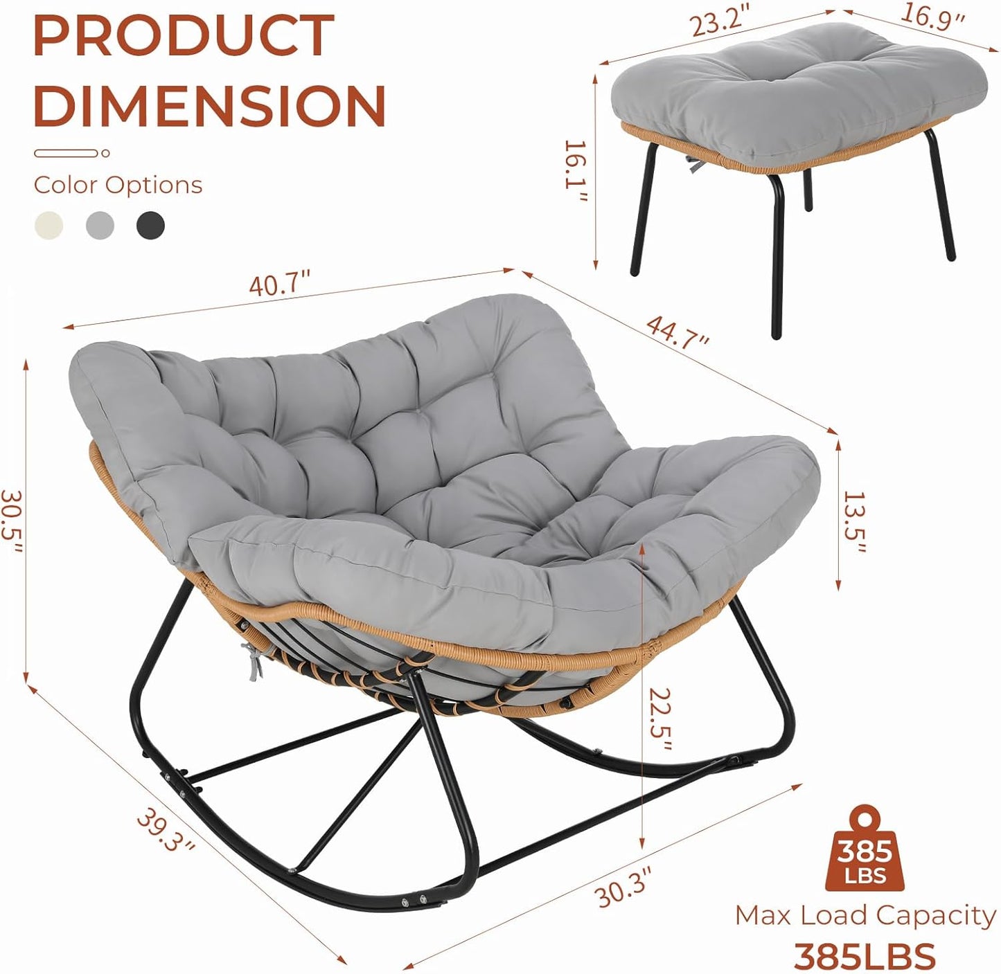 LAZY BUDDY Outdoor Rocking Chair with Ottoman, Oversized Papasan Rocking Chair with Thick Cushion, Indoor Outdoor Cozy Rocker for Balcony, Living Room, Patio