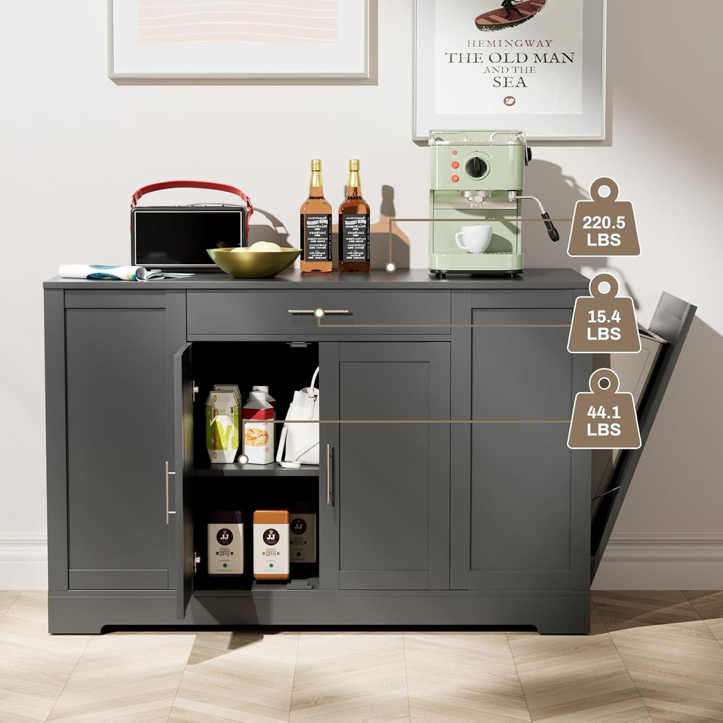LAZY BUDDY 53" Large Kitchen Island w/ Trash Can Storage Cabinet, Wooden Stationary Storage Pantry for 13 Gallon Garbage Bin with Drawer, Adjustable Double Door Cabinet, 3 Layer Open Side Racks