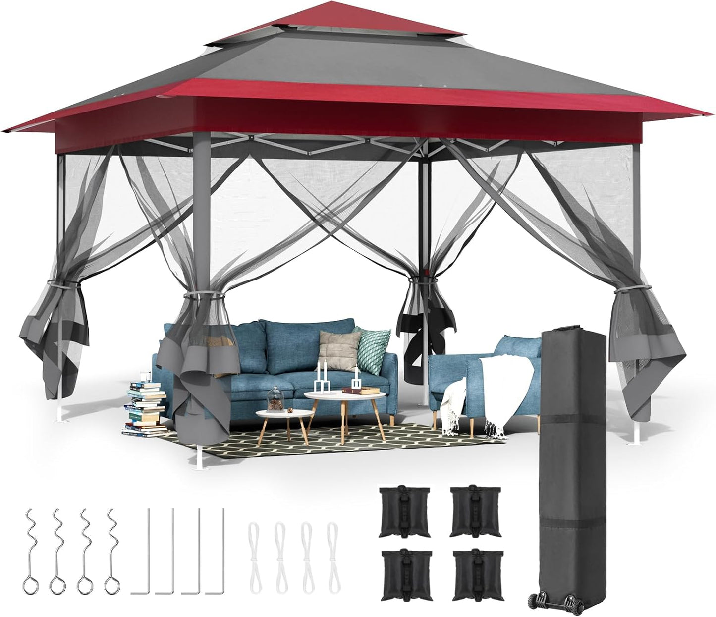 LAZY BUDDY 13ft Pop Up Gazebo, Outdoor Instant Canopy Tent w/4 Netting Sidewall & Auto Extending Eave, Patio Gazebos Shelter w/Mesh Wall, Center Lock, Wheeled Bag for Garden, Yard